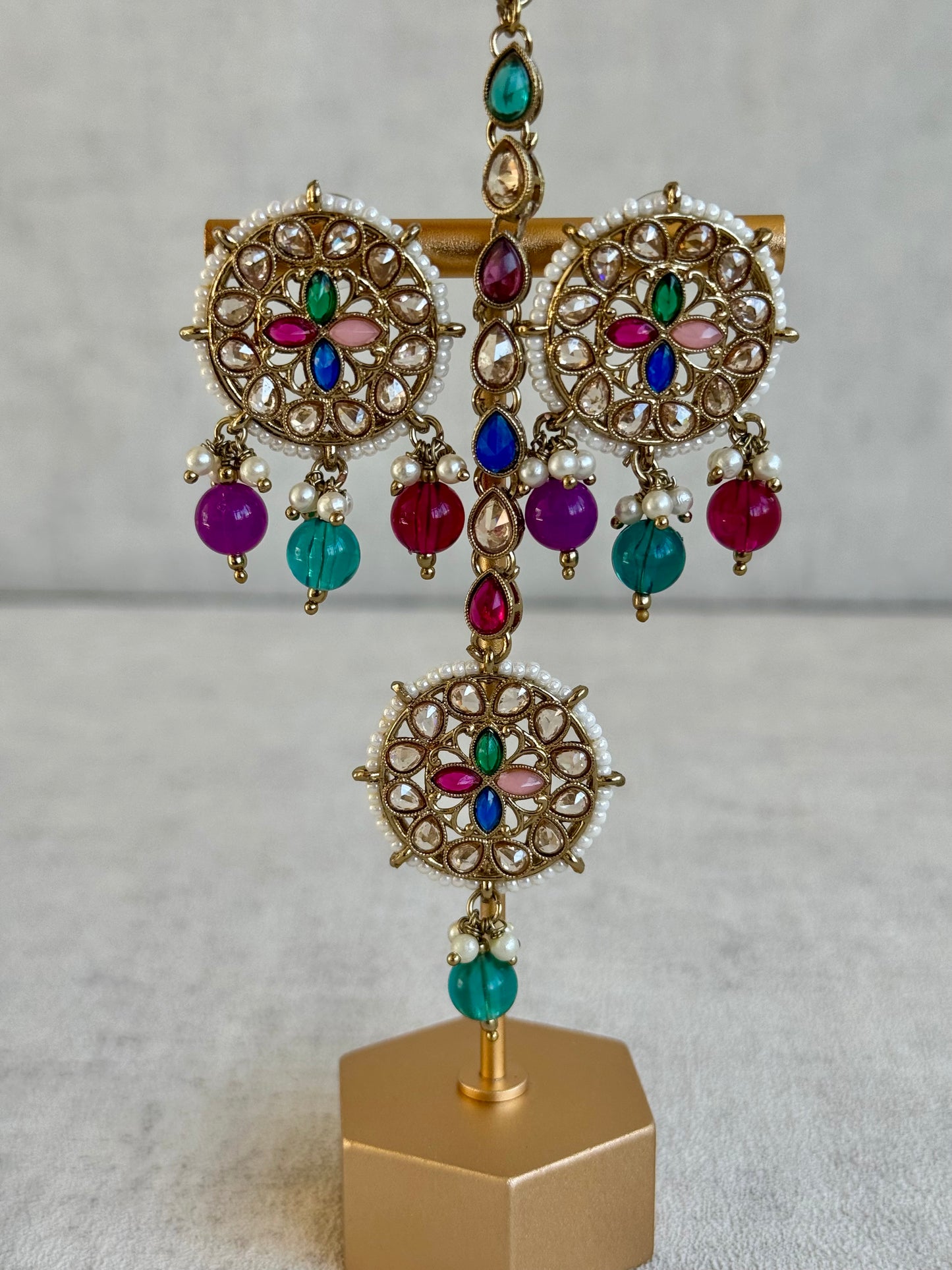 Ayura Designs Ifrah Tikka Set with Studs – Multicolour Stones, Kundan Work & Gold Finish