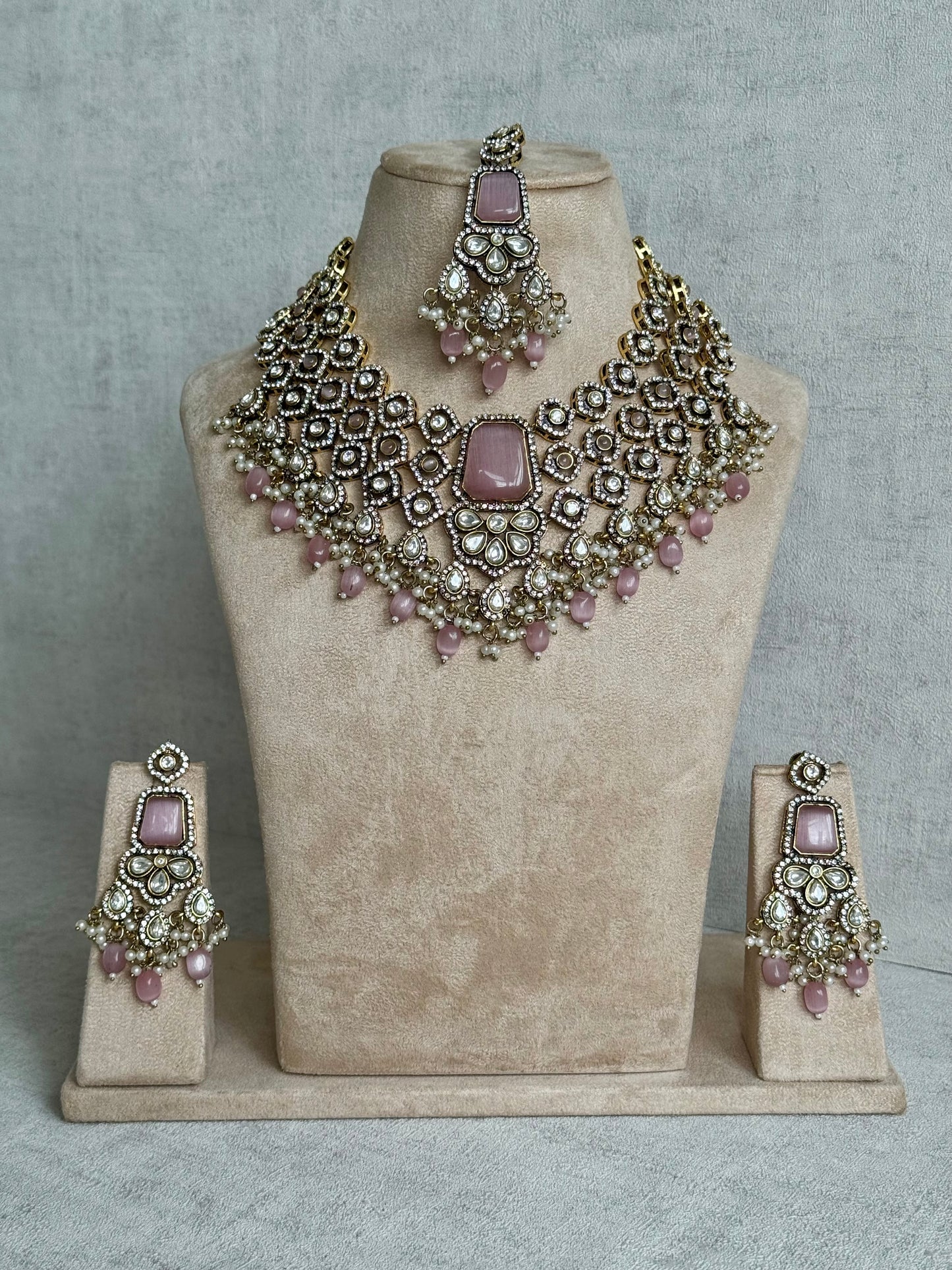 Ayura Designs Gulrukh Bridal Set with Necklace, Jhumkis & Tikka – Jadau Kundan Craftsmanship with Mirror-Cut Polki, Blush Rose Stones & Antique Gold Finish