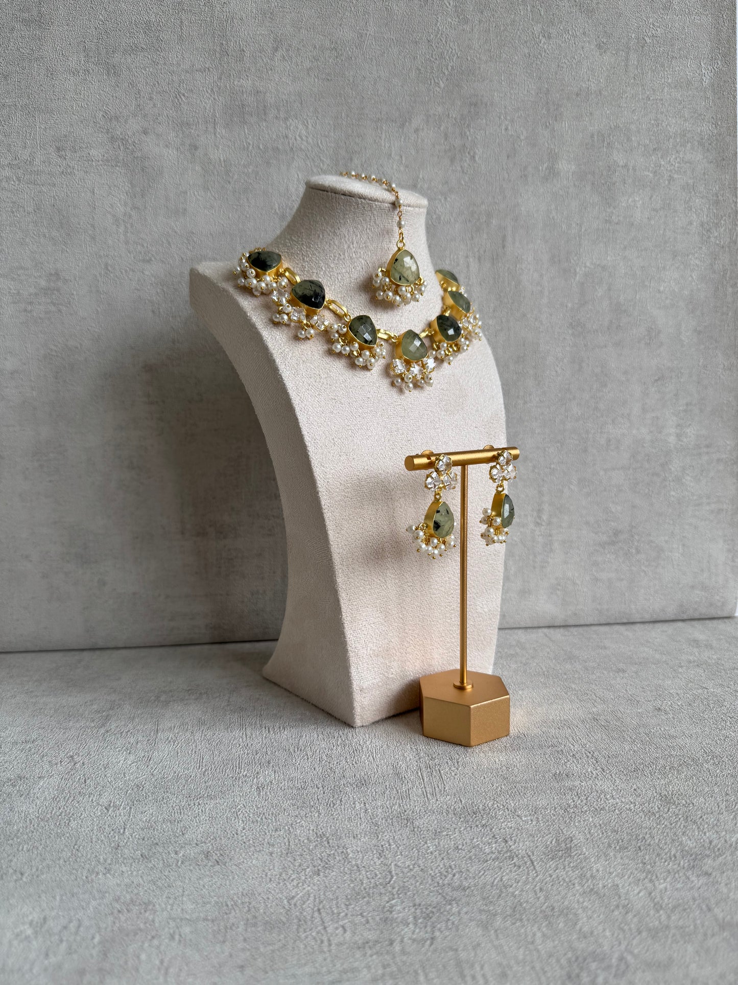 Ayura Designs Lala Set with Tikka & Earrings – Prehnite, Swarovski Crystals & Pearls
