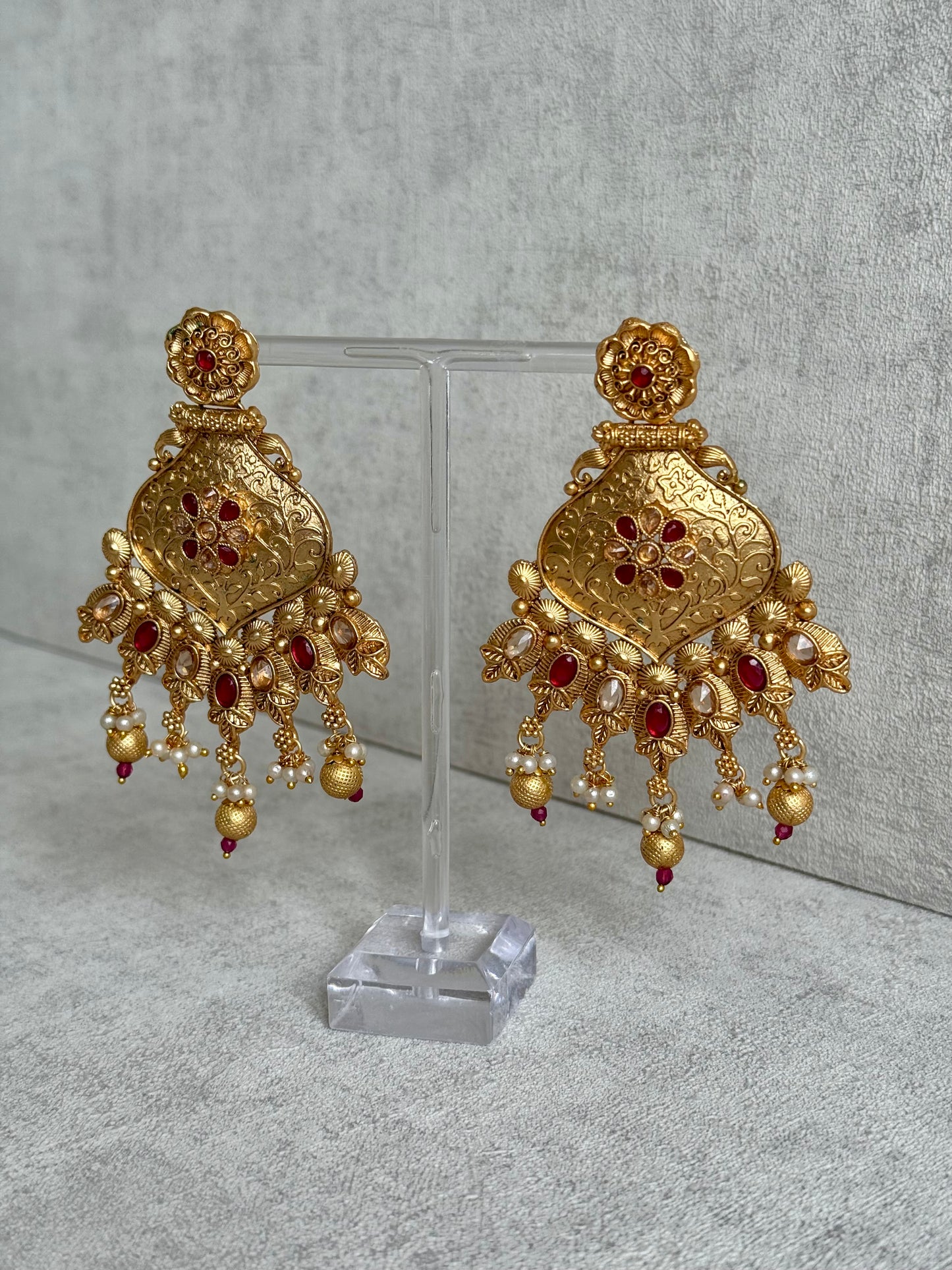 Ayura Designs Neha Earrings – Antique Gold with Ruby Red Stones & Pearl Detailing