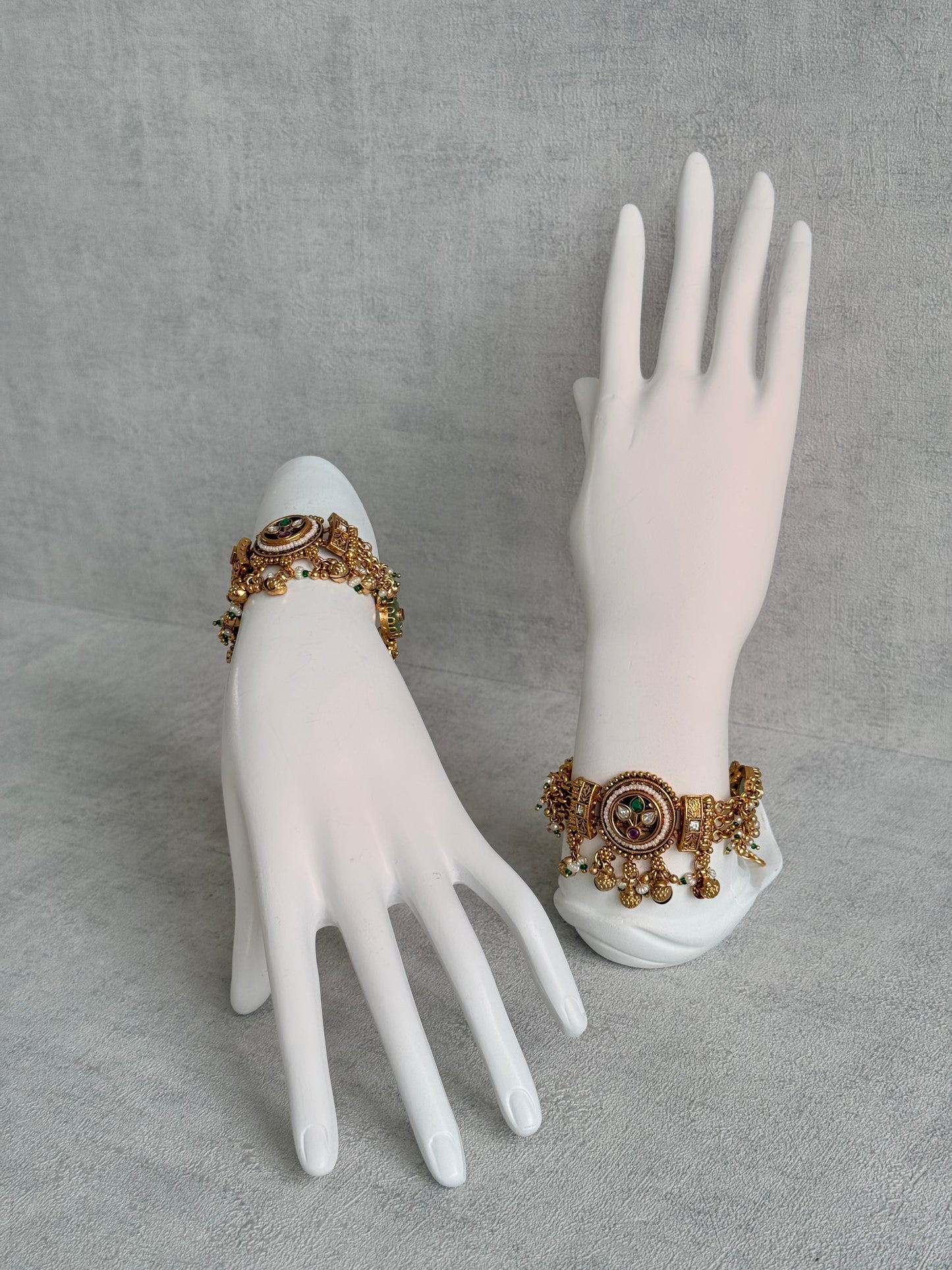 Ayura Designs Pravya Bracelet – Gold Bracelet with Mint, Pink & Green Stones & Ghungroo Detailing