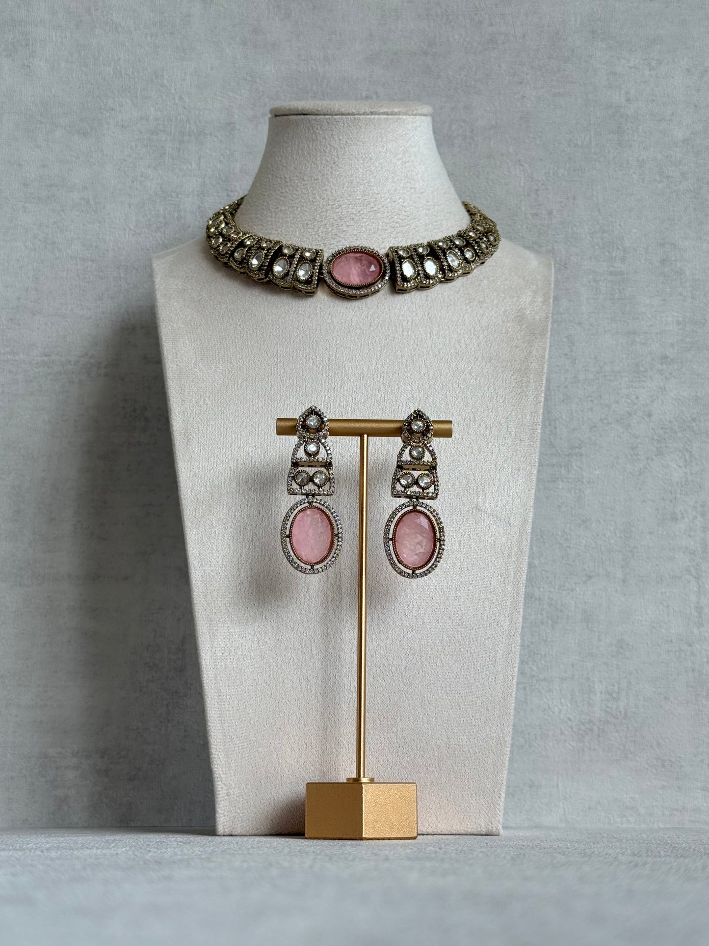 Ayura Designs Sadie Necklace Set with Earrings – Blush Pink Centre Stone, Moissanite Style Stones & Crystal Halo Detailing