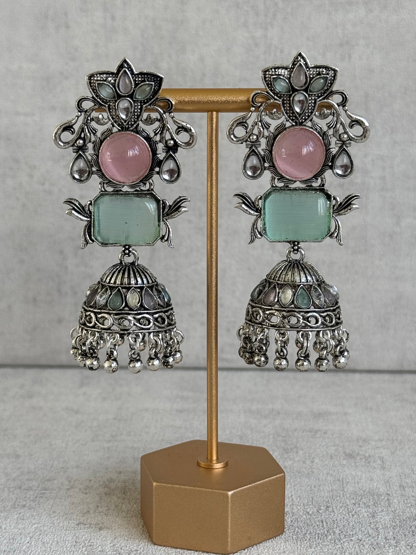 Ayura Designs Noorani Earrings – Oxidised Silver with Pastel Pink & Mint Green Stones, Kundan Detailing & Enamelled Jhumkis