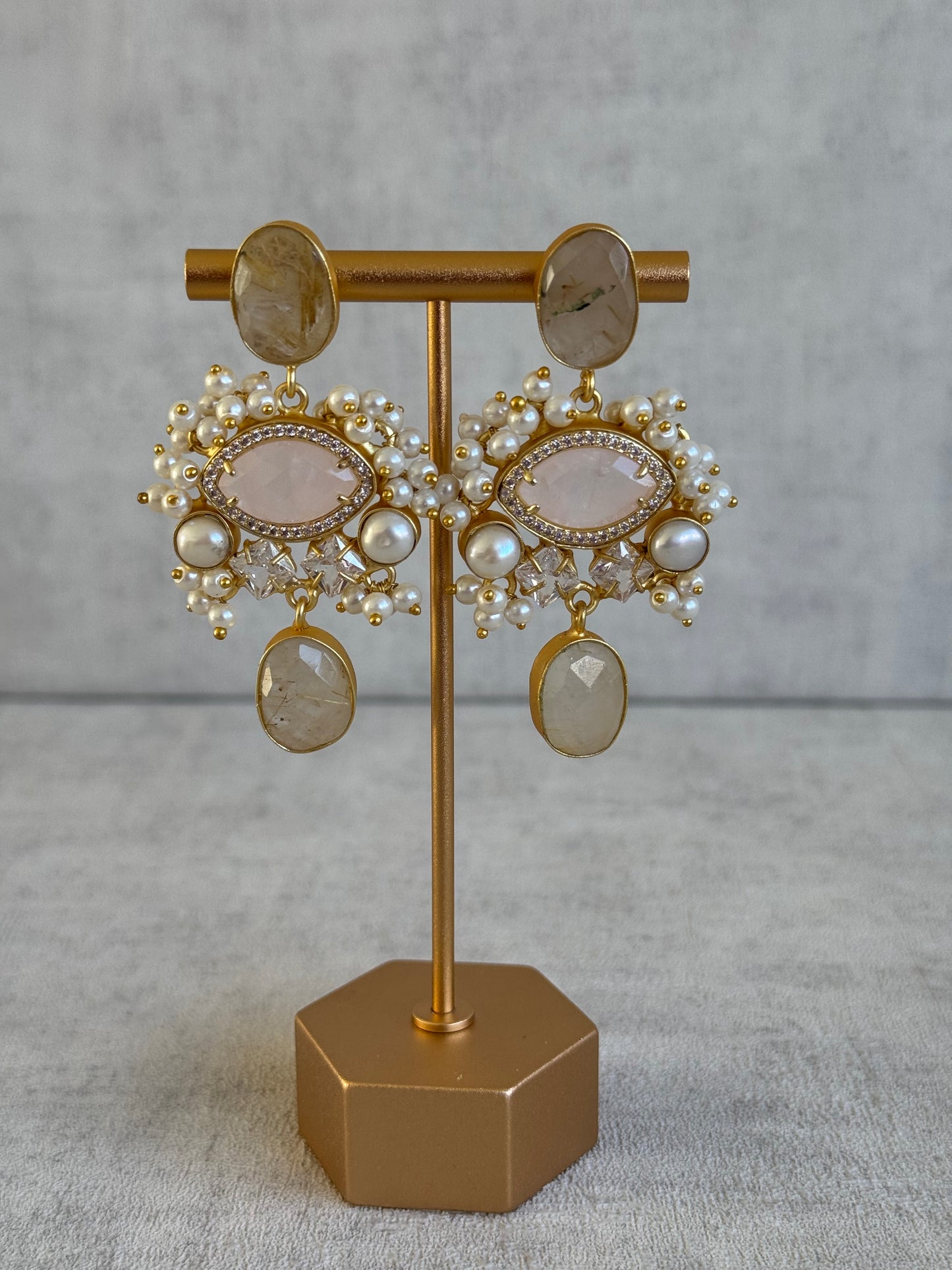 Ayura Designs Aurelia Earrings – Rutilated Quartz, Rose Quartz, Pearls & Crystals