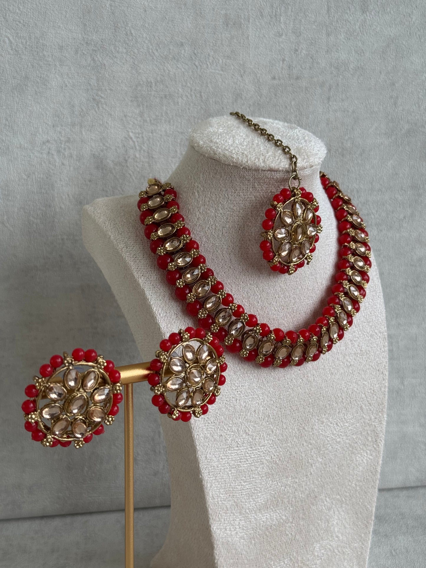 Ayura Designs Hala Set with Tikka & Studs – Orange Beads & Champagne Kundan
