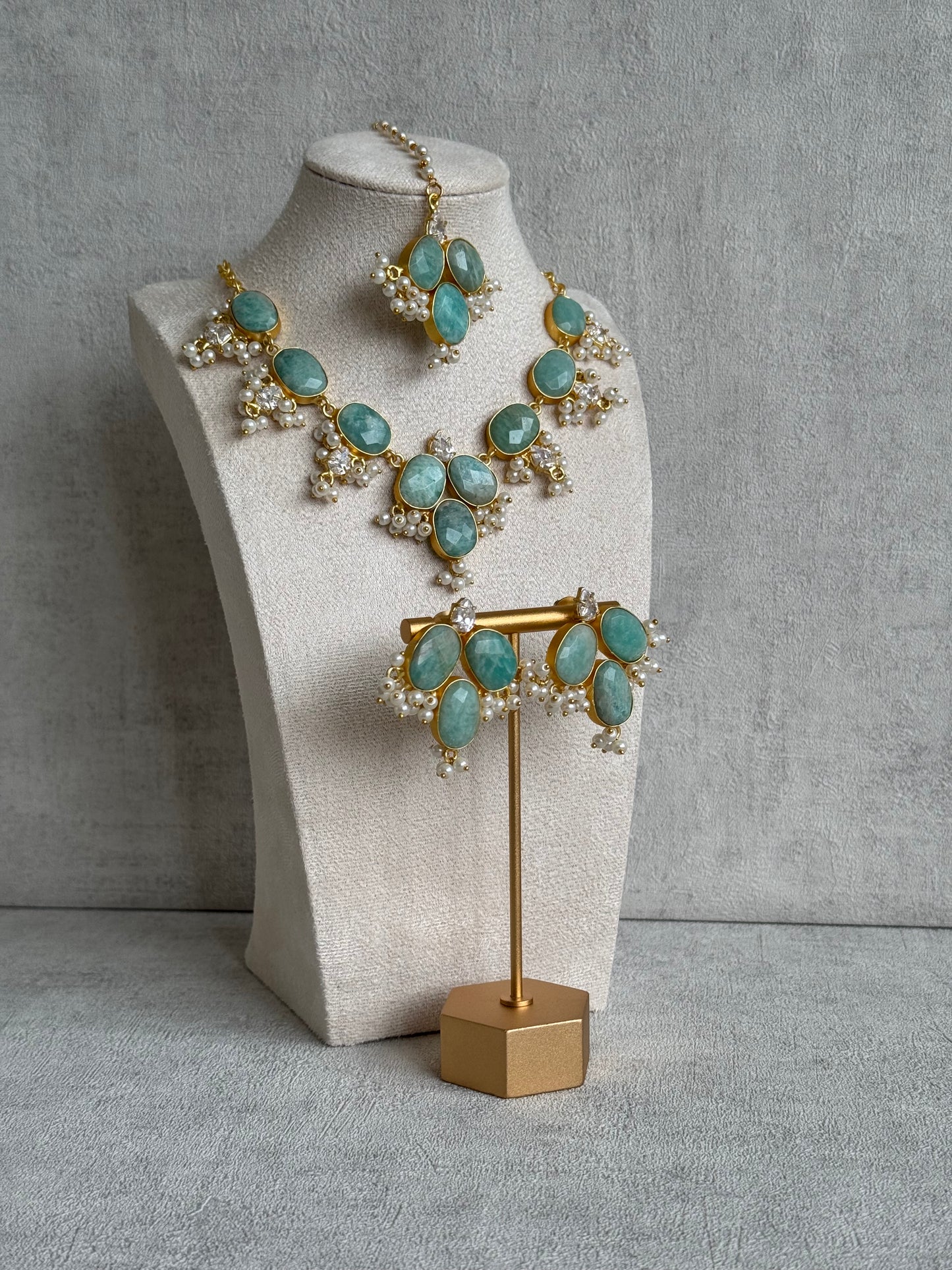 Ayura Designs Anahita Set with Tikka & Earrings – Amazonite, Crystals & Pearls