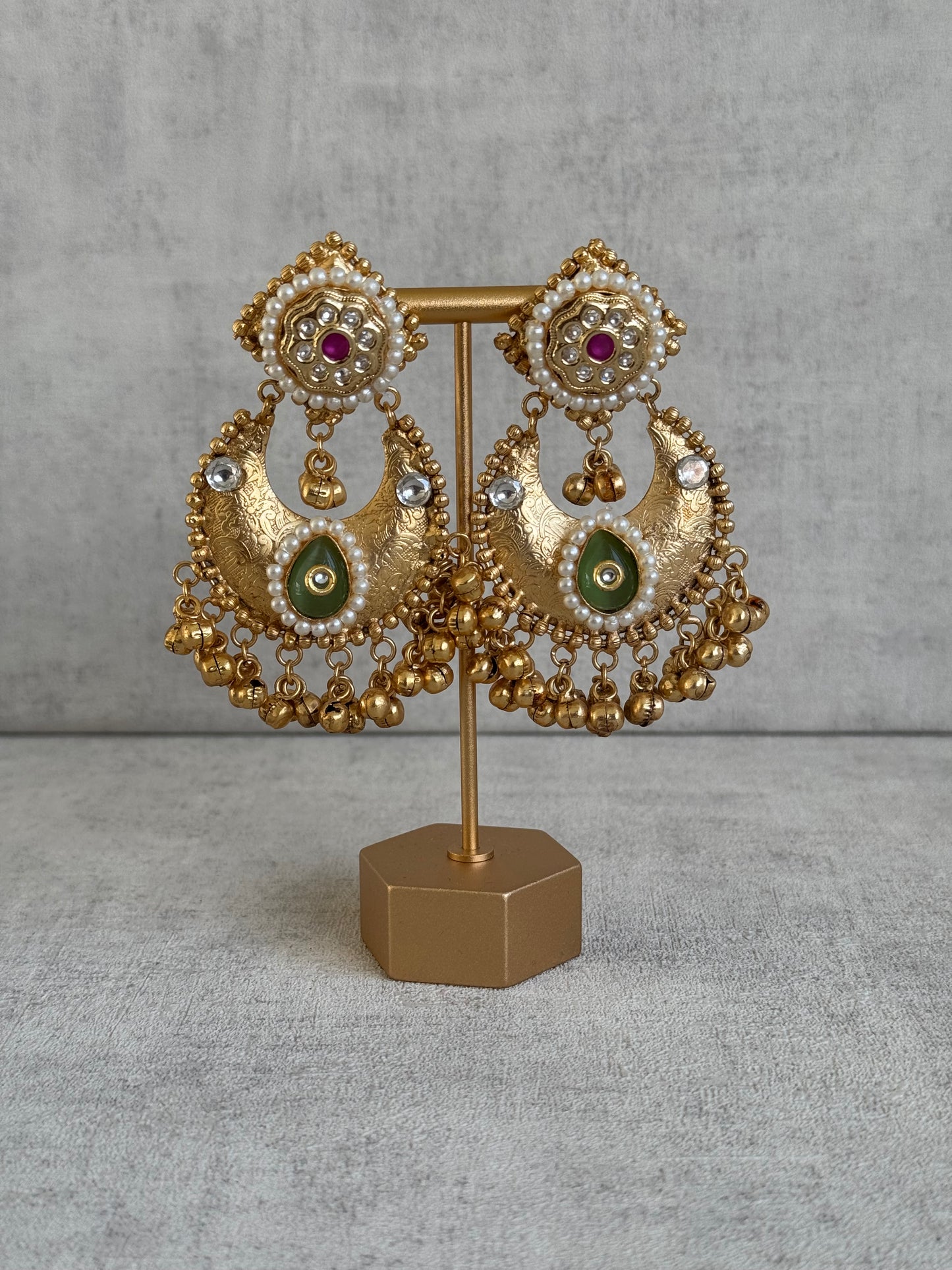 Ayura Designs Naaz Earrings – Antique Gold Jhumkas with Green Teardrop Stone, Pearl Embellishments & Ghungroo Detailing