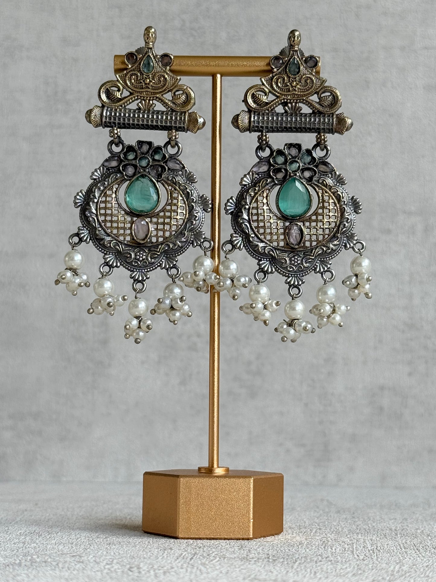 Ayura Designs Haya Earrings – Oxidised Statement Earrings with Aqua & Blush Stone Detailing