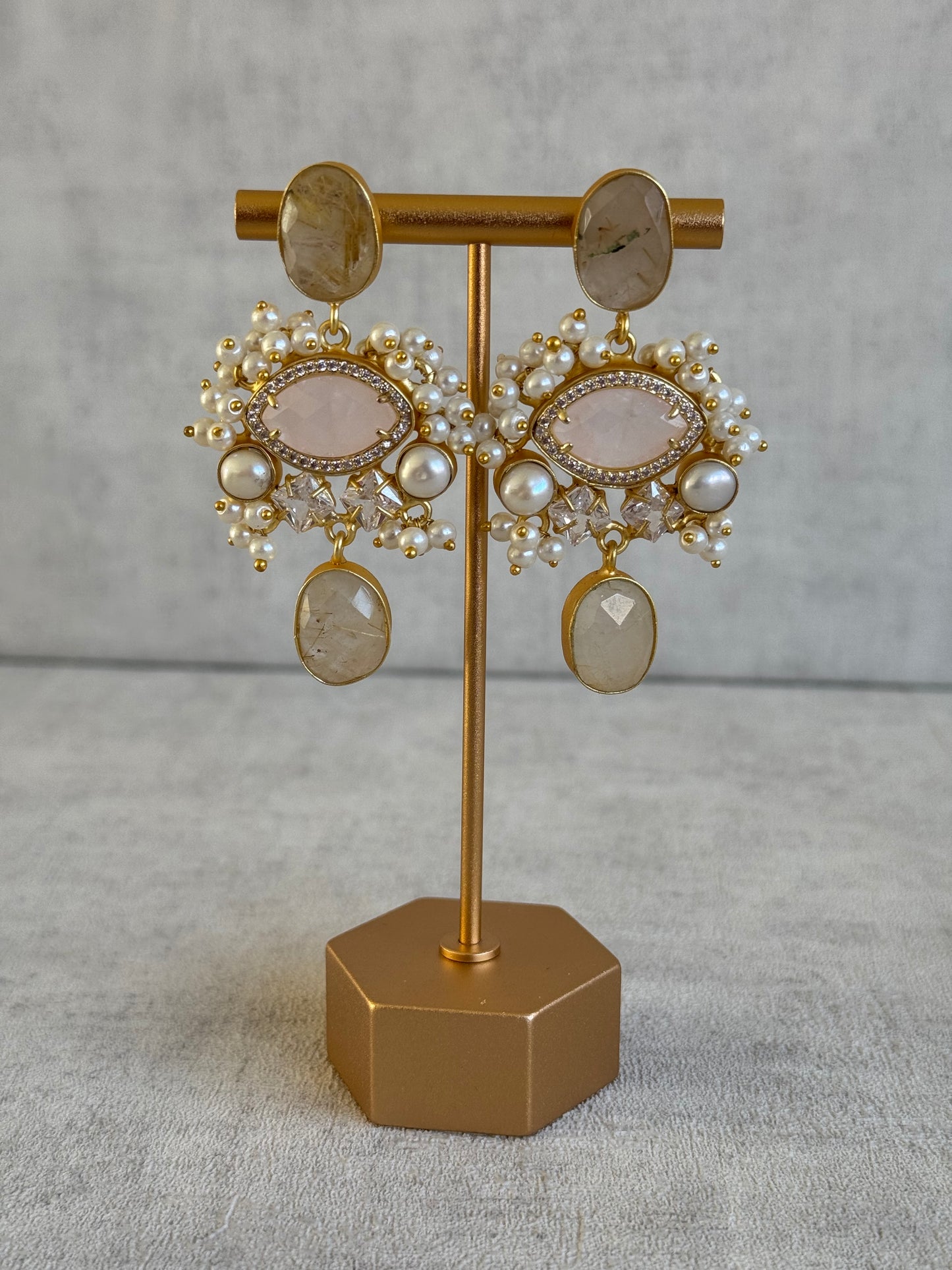 Ayura Designs Aurelia Earrings – Rutilated Quartz, Rose Quartz, Pearls & Crystals