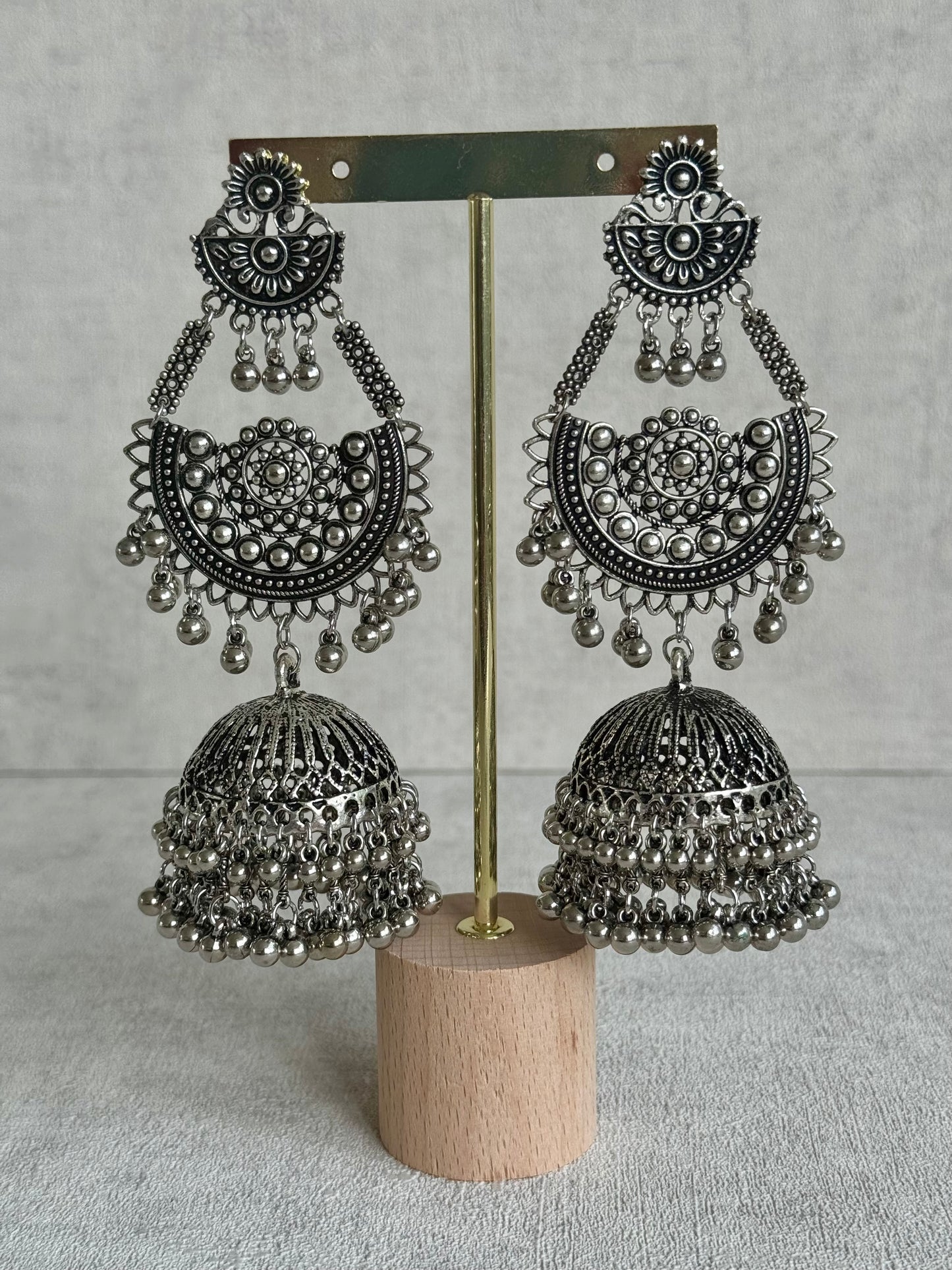 Ayura Designs Jhoomar Jhumkis – Oxidised Silver Earrings with Tribal Motifs, Ghungroos & Sahare