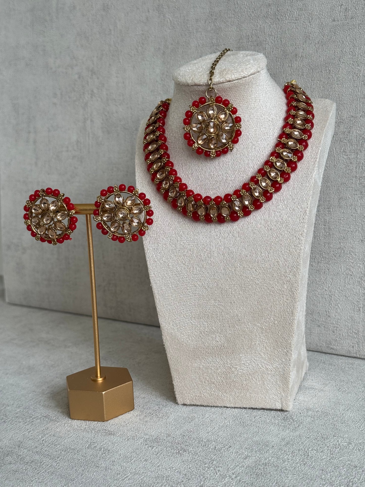 Ayura Designs Hala Set with Tikka & Studs – Orange Beads & Champagne Kundan