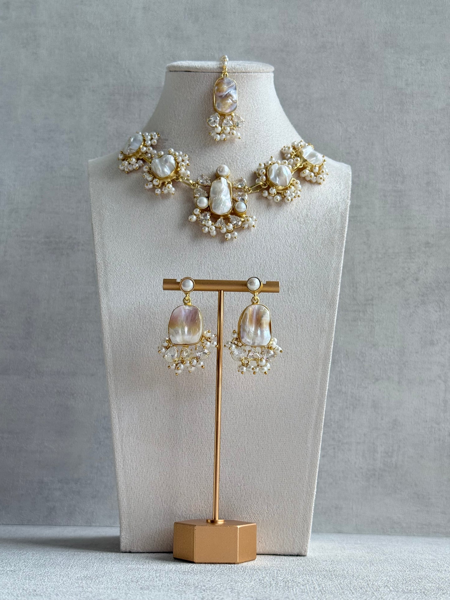 Ayura Designs Niamh Set with Tikka & Earrings - Baroque Pearl, Mother of Pearl & Crystals