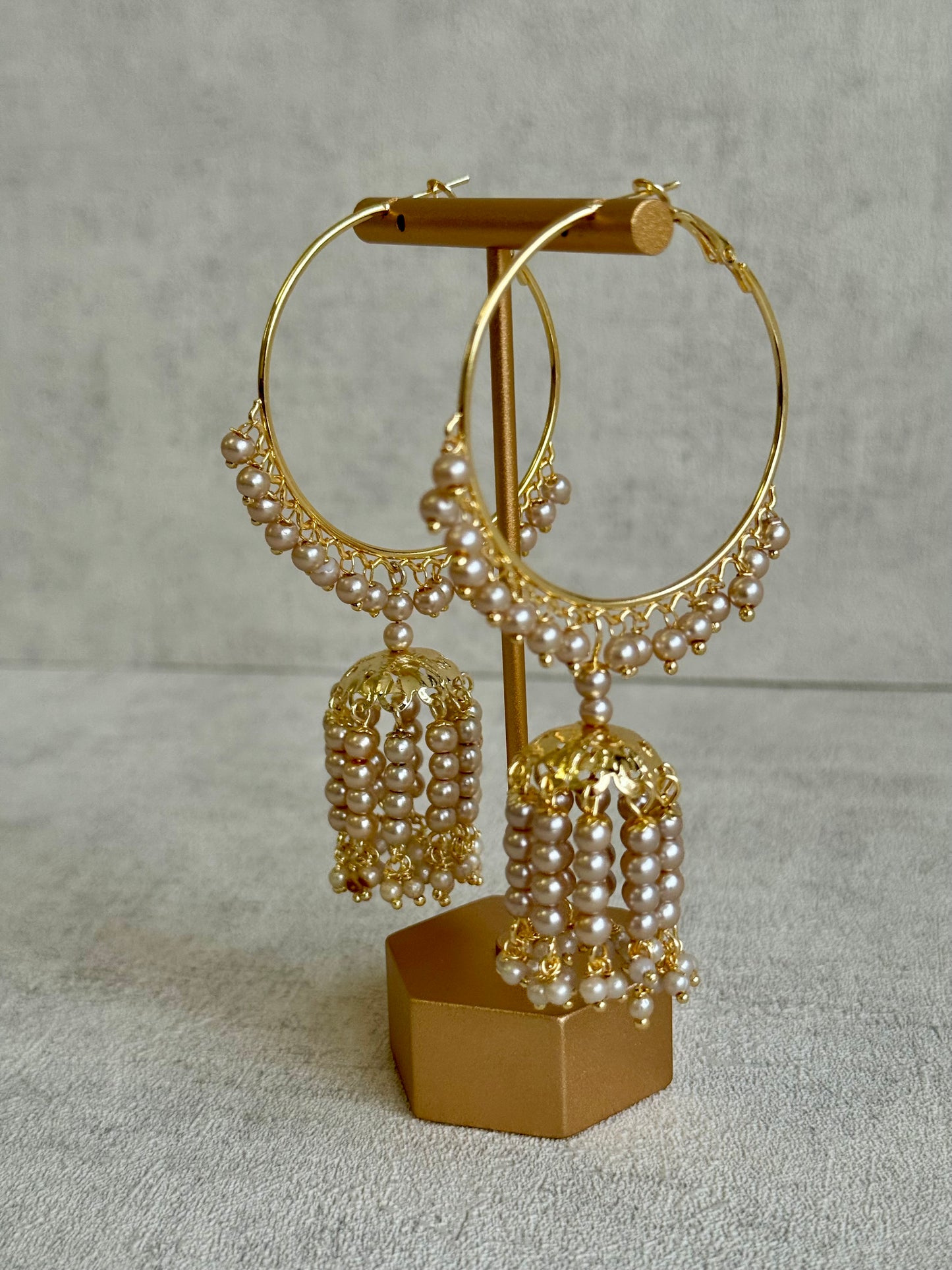 Ayura Designs Nimya Balis – Pearl Hoop Earrings with Dome Jhumki Drops