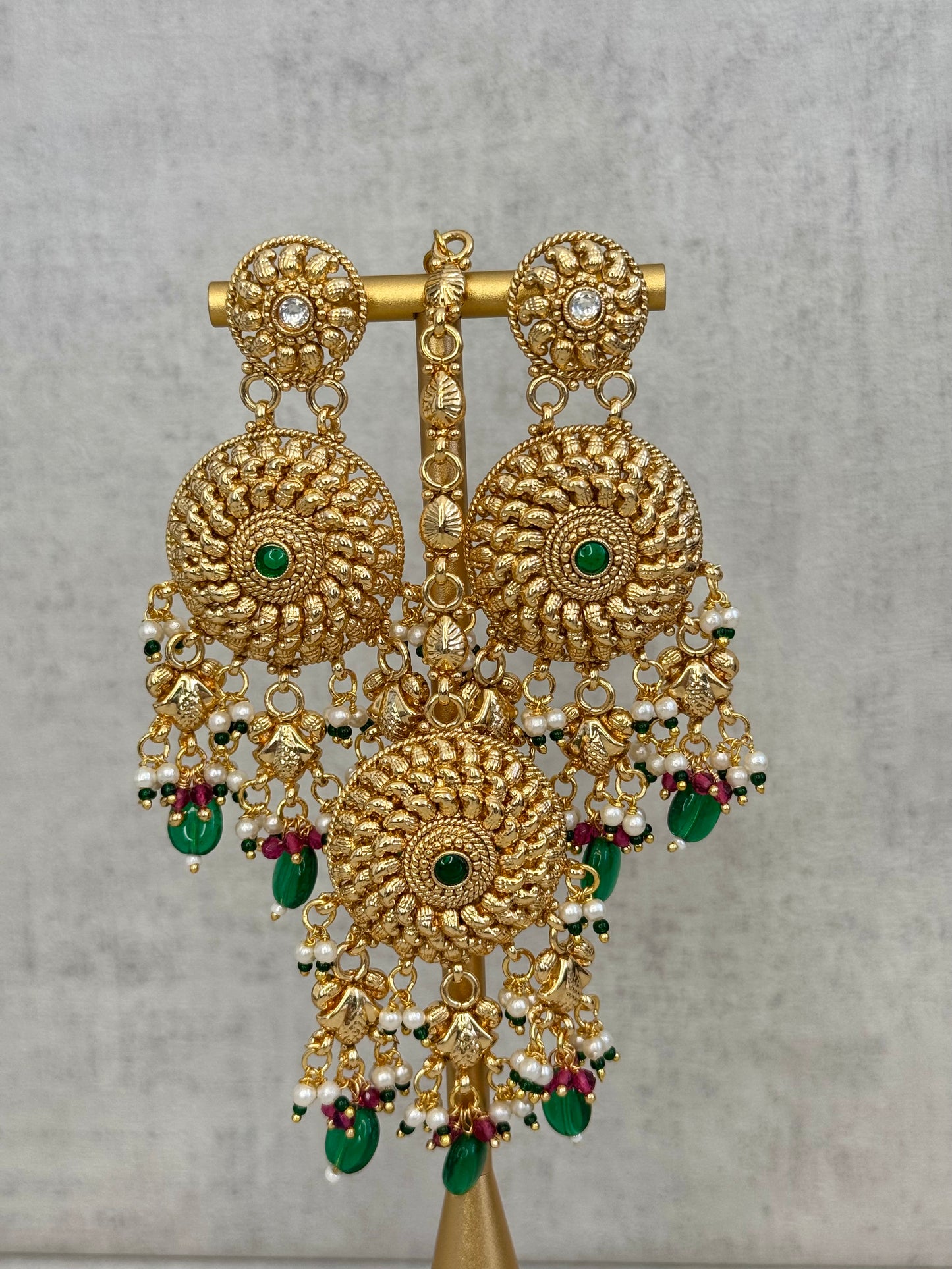 Ayura Designs Hoor Tikka & Earrings – Opulent Gold Adornment with Emerald Green, Pink and White Beads