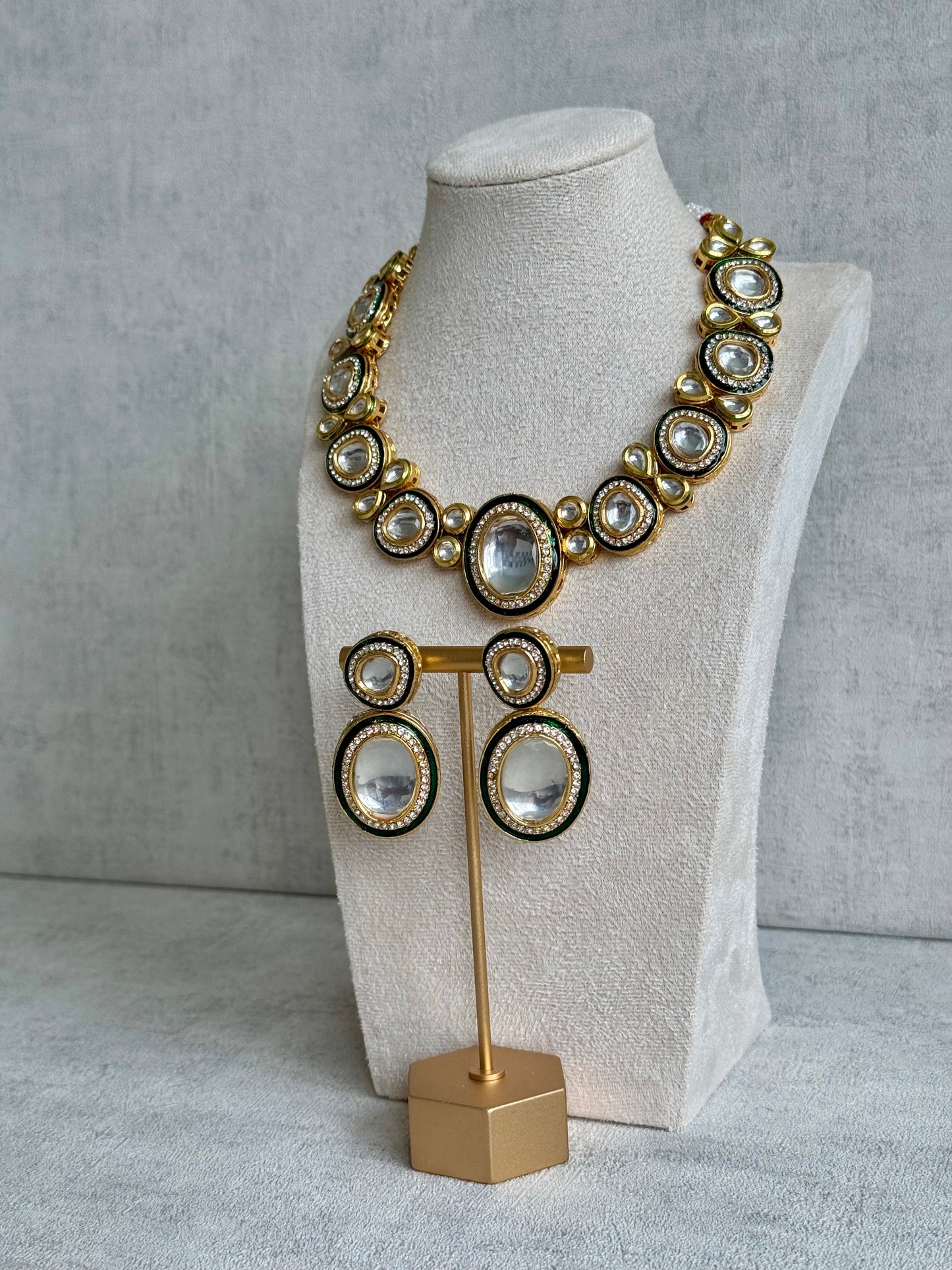 Ayura Designs Sahiba Set – Gold and Emerald Green Kundan Necklace with Oversized Oval Stones and Matching Drop Earrings