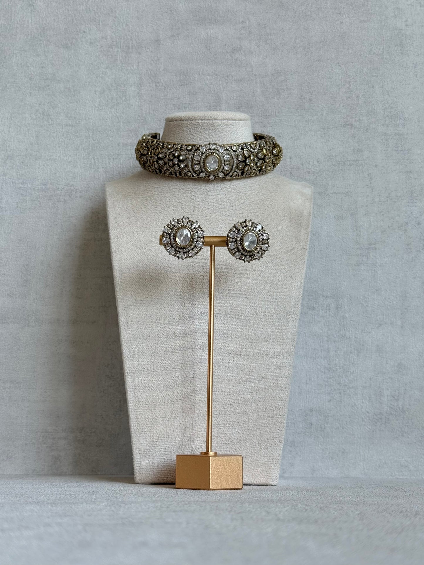 Ayura Designs Genevieve Choker Set with Studs – Crystal Kundan in Antique Gold