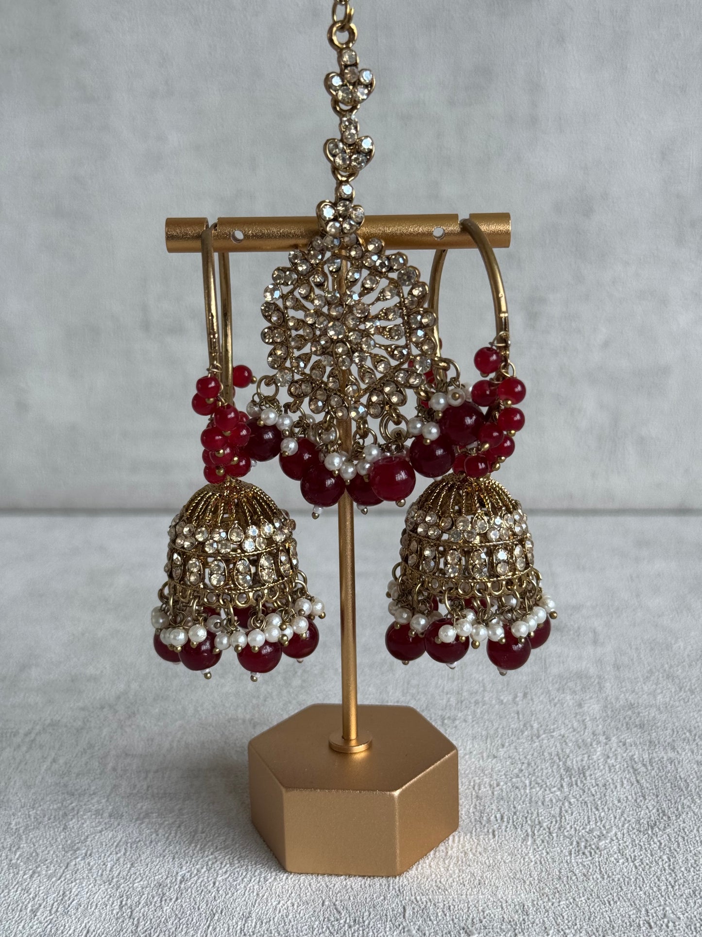 Ayura Designs Dastoor Tikka Set with Balis – Deep Maroon Beads, Champagne Stones & Pearls
