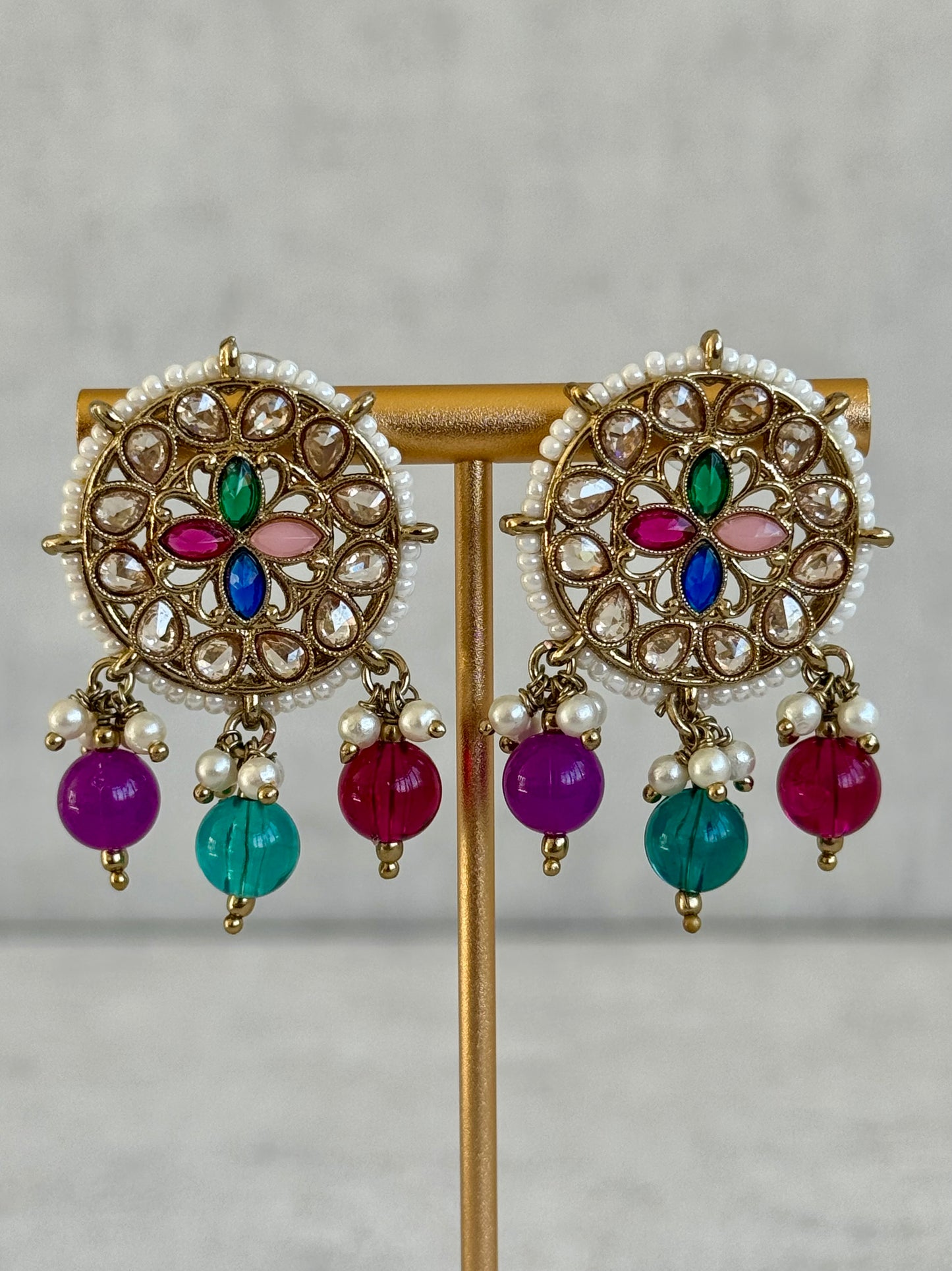 Ayura Designs Ifrah Tikka Set with Studs – Multicolour Stones, Kundan Work & Gold Finish
