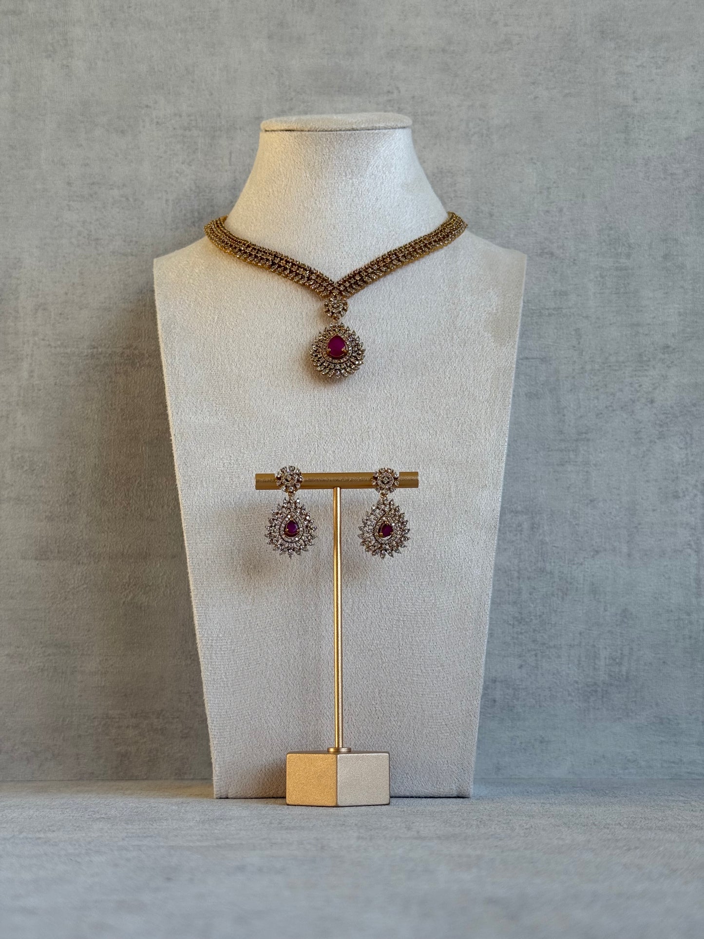 Ayura Designs Kahsi Set with Necklace & Earrings – Ruby Pink Centre Stones, Moissanite Sparkle and Antique Gold Finish