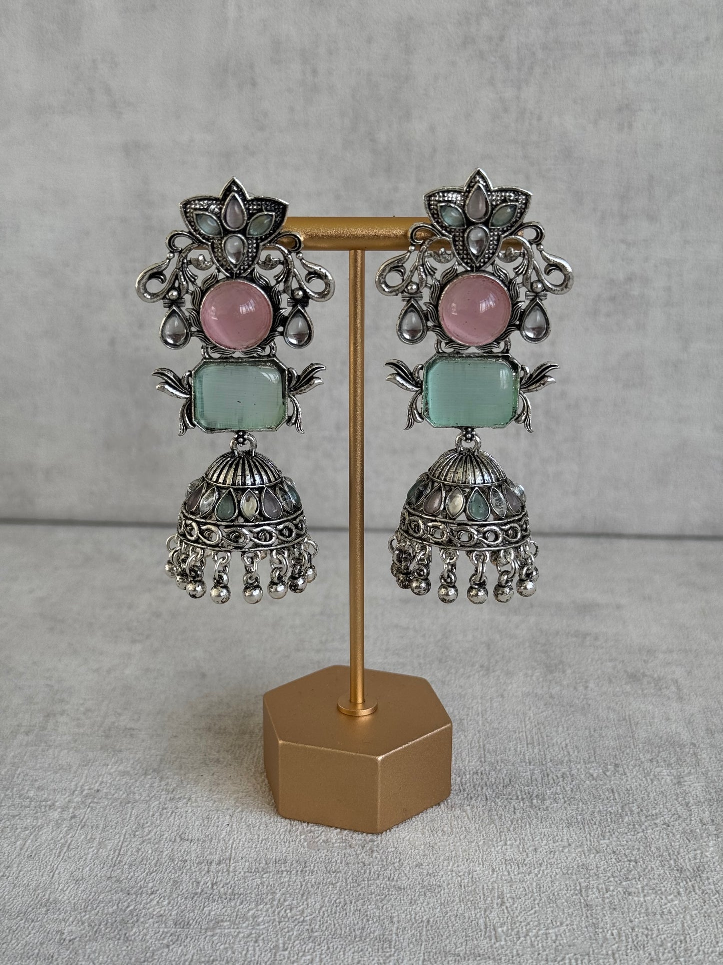 Ayura Designs Noorani Earrings – Oxidised Silver with Pastel Pink & Mint Green Stones, Kundan Detailing & Enamelled Jhumkis