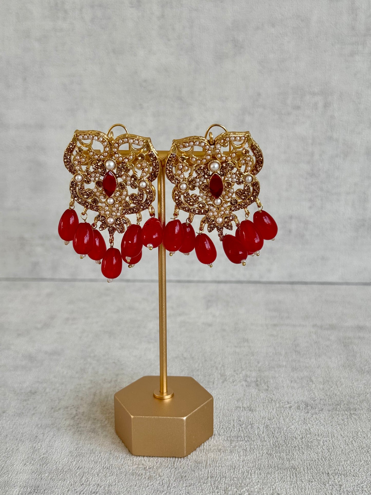 Ayura Designs Nura Choker Set with Earrings – Ruby Red Drops & Ivory Pearls