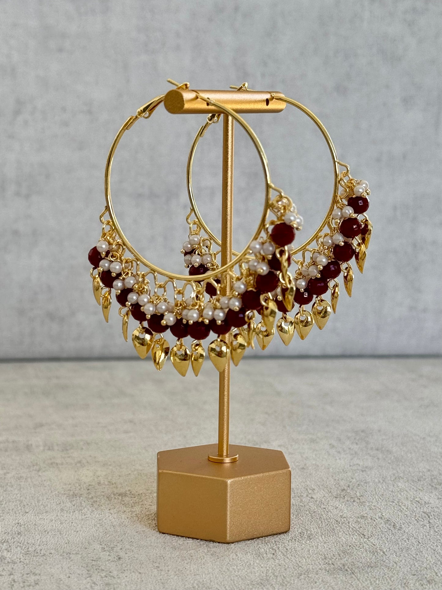 Ayura Designs Riwaaz Bali – Ruby Red Beaded Hoops with Gold Leaf Charms