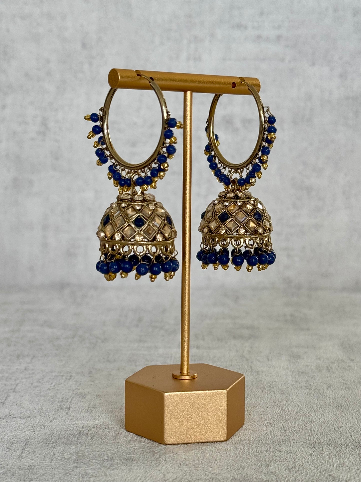 Ayura Designs Jugni Bali Jhumkas – Antique Gold with Royal Blue Beads