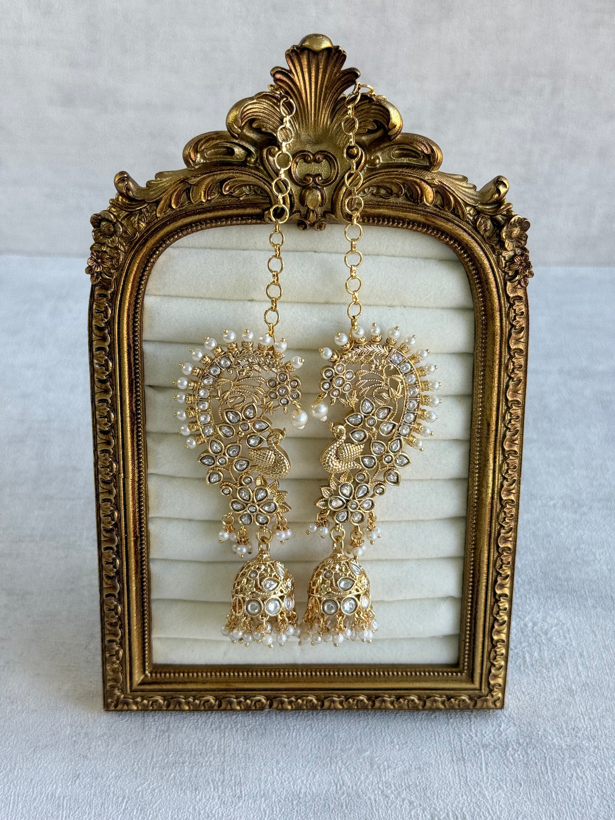 Ayura Designs Nitya Kaanphool Jhumkis – Gold Half Ear Cuff Earrings, Peacock Motifs, Kundan, Ivory Pearl Drops & Sahare