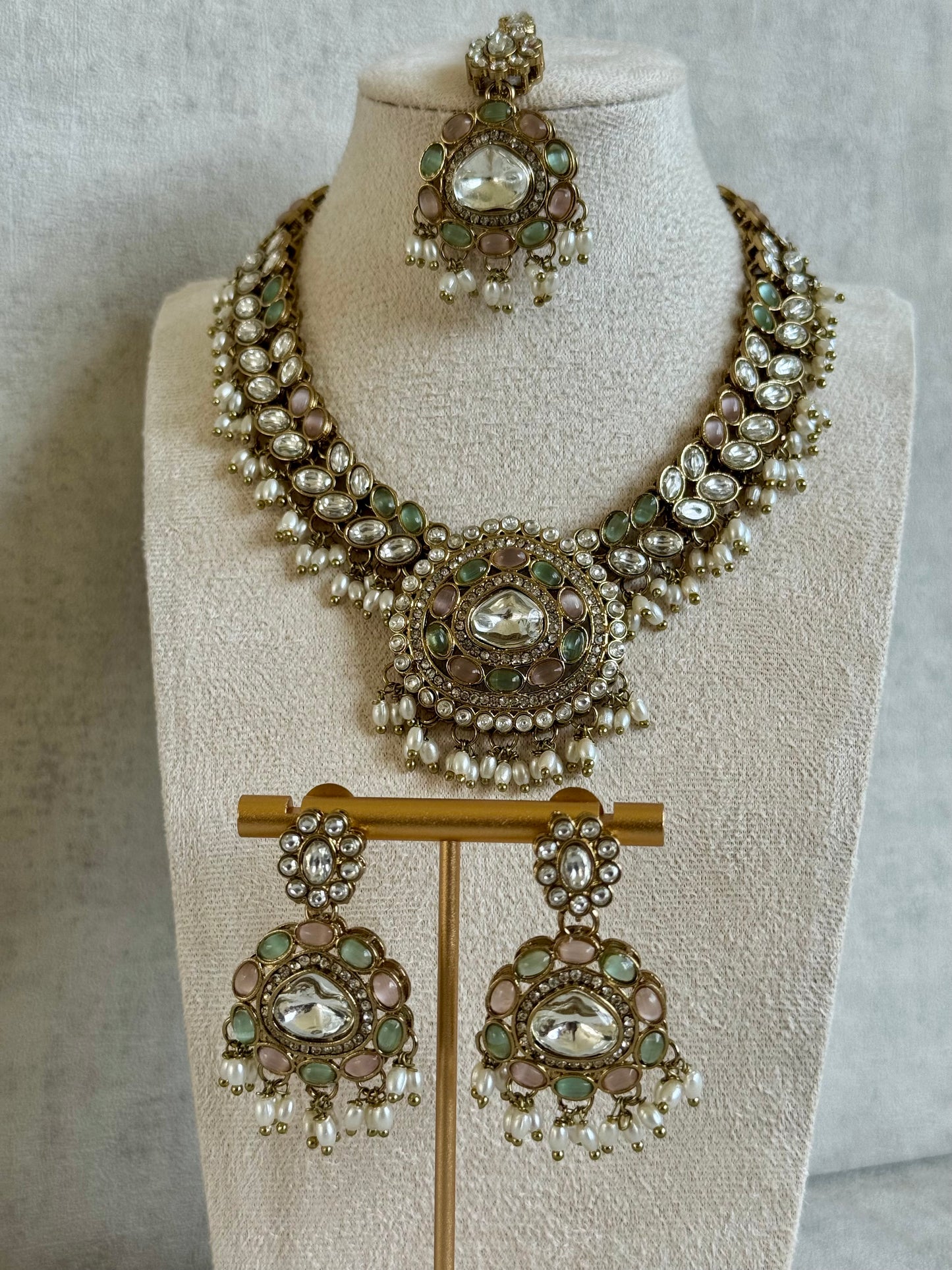 Ayura Designs Warda Set with Earrings & Tikka – Pistachio Green & Blush Pink Stones, Pearls & Antique Gold Finish