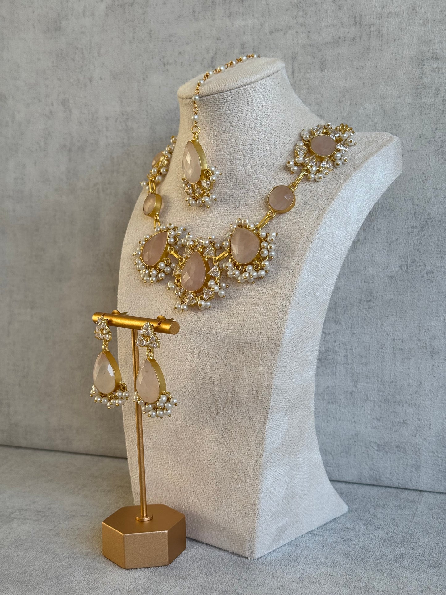 Ayura Designs Rosa Set with Tikka & Earrings – Rose Quartz, Crystals & Pearls