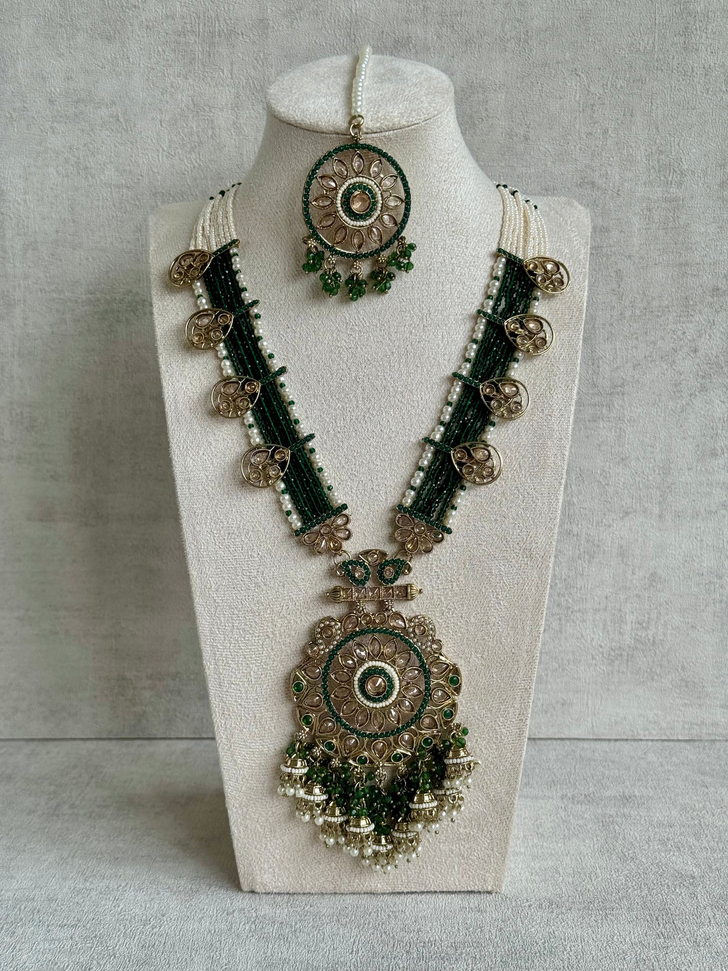 Ayura Designs Rida Set with Long Pearl & Emerald Green Beaded Necklace, Earrings & Tikka – Antique Gold Finish & Floral Kundan Detailing