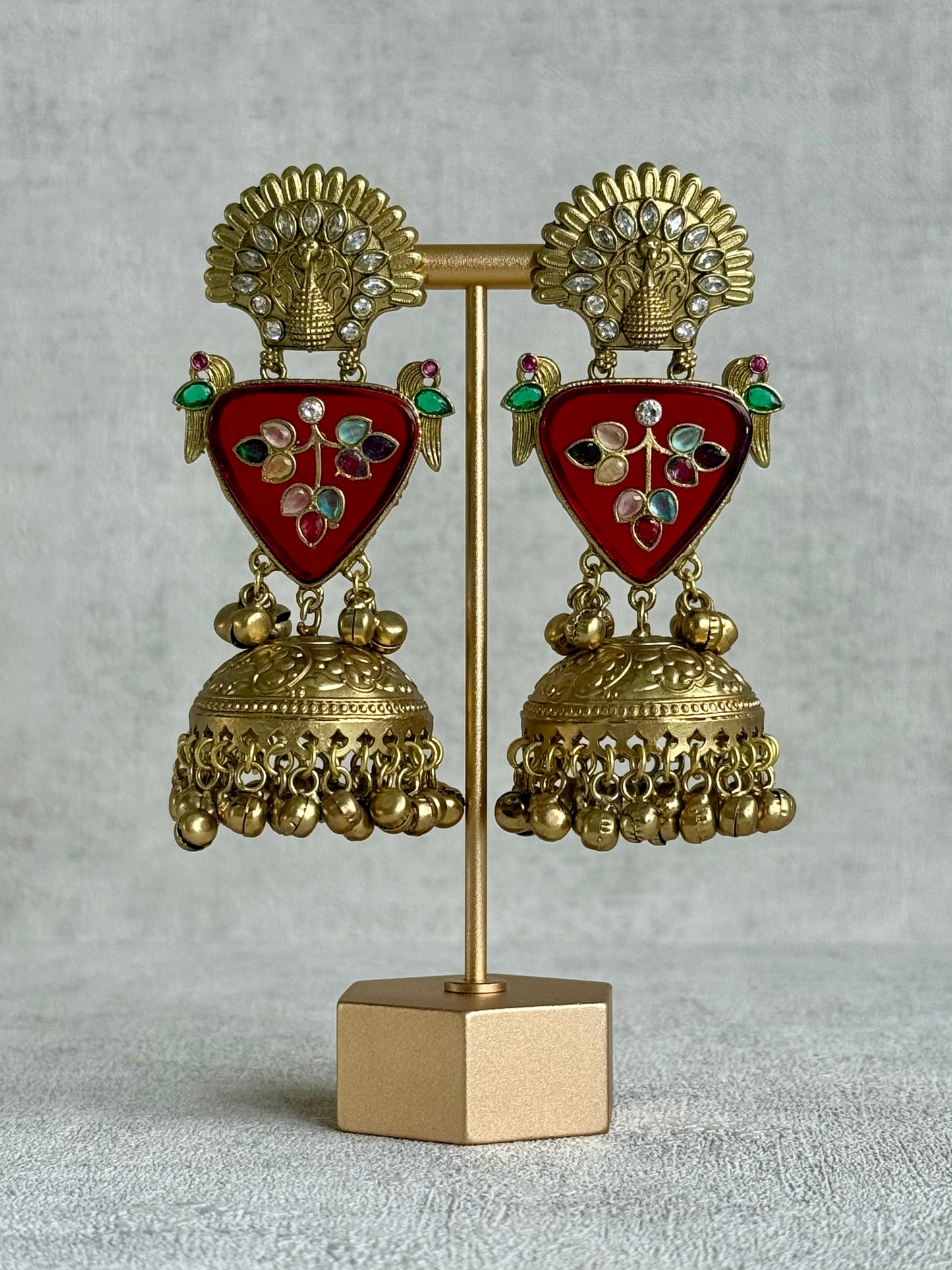 Ayura Designs Makali Earrings – Crimson Red Enamel with Multicolour Stones & Antique Gold Jhumkis