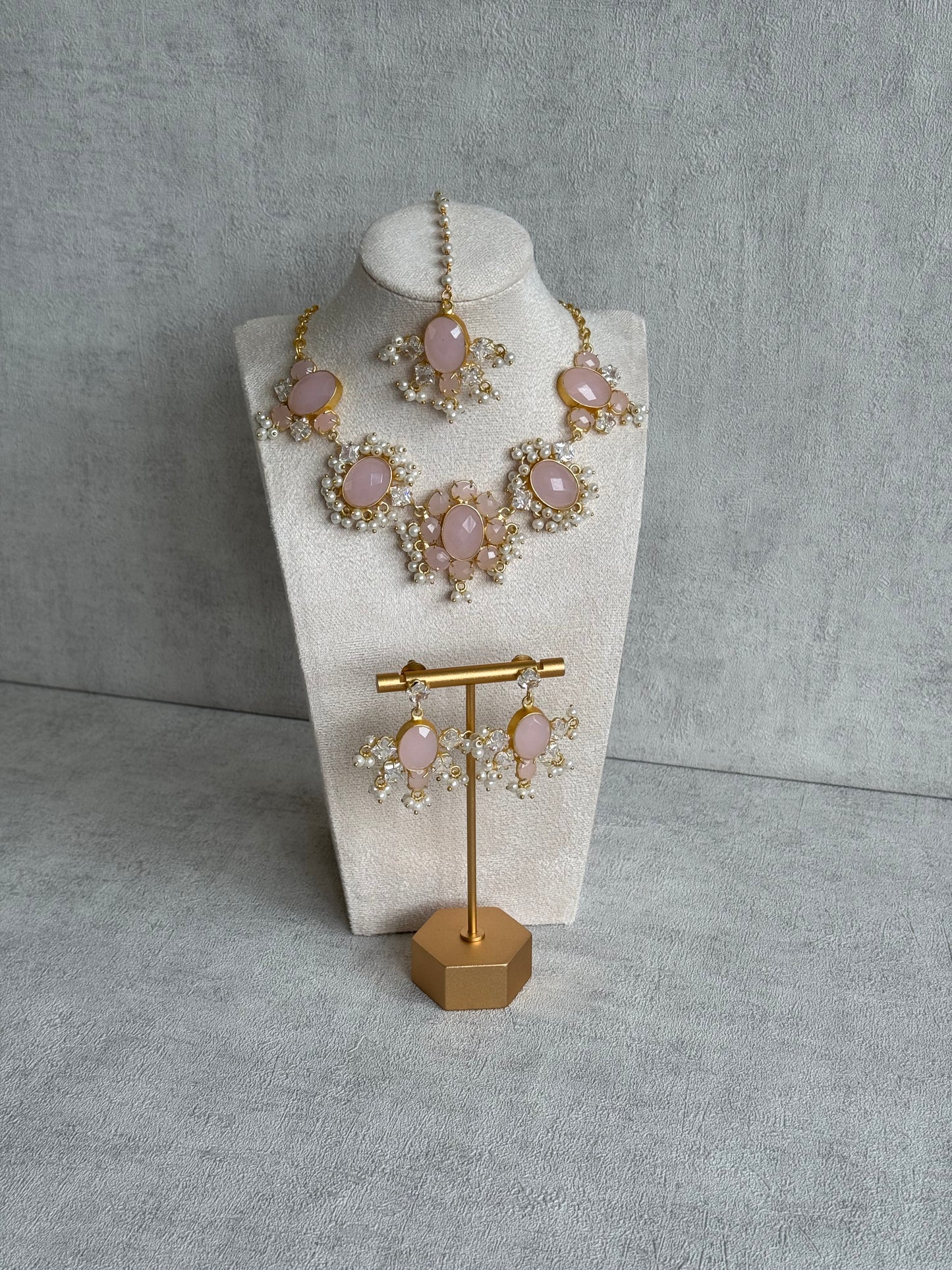 Ayura Designs Parisa Set with Tikka & Earrings – Rose Quartz, Crystals & Pearls