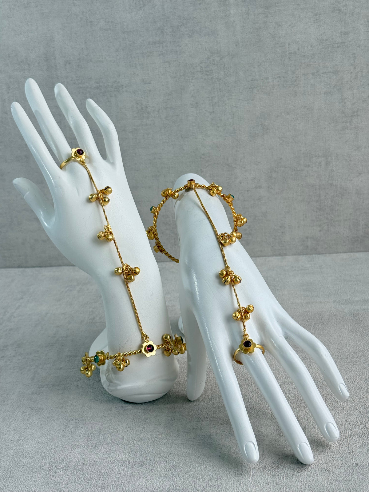 Ayura Designs Kajri Haathphool Set of 2 – Gold Tone Floral Hand Harness with Multicolour Stones & Ghungroo Detailing