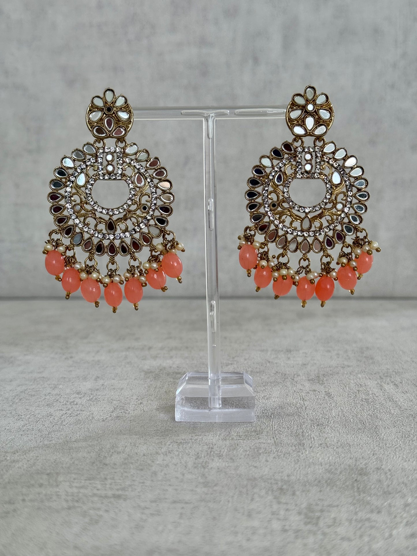 Ayura Designs Bahar Tikka Set with Earrings – Peach Beads,Mirror Work & Antique Gold