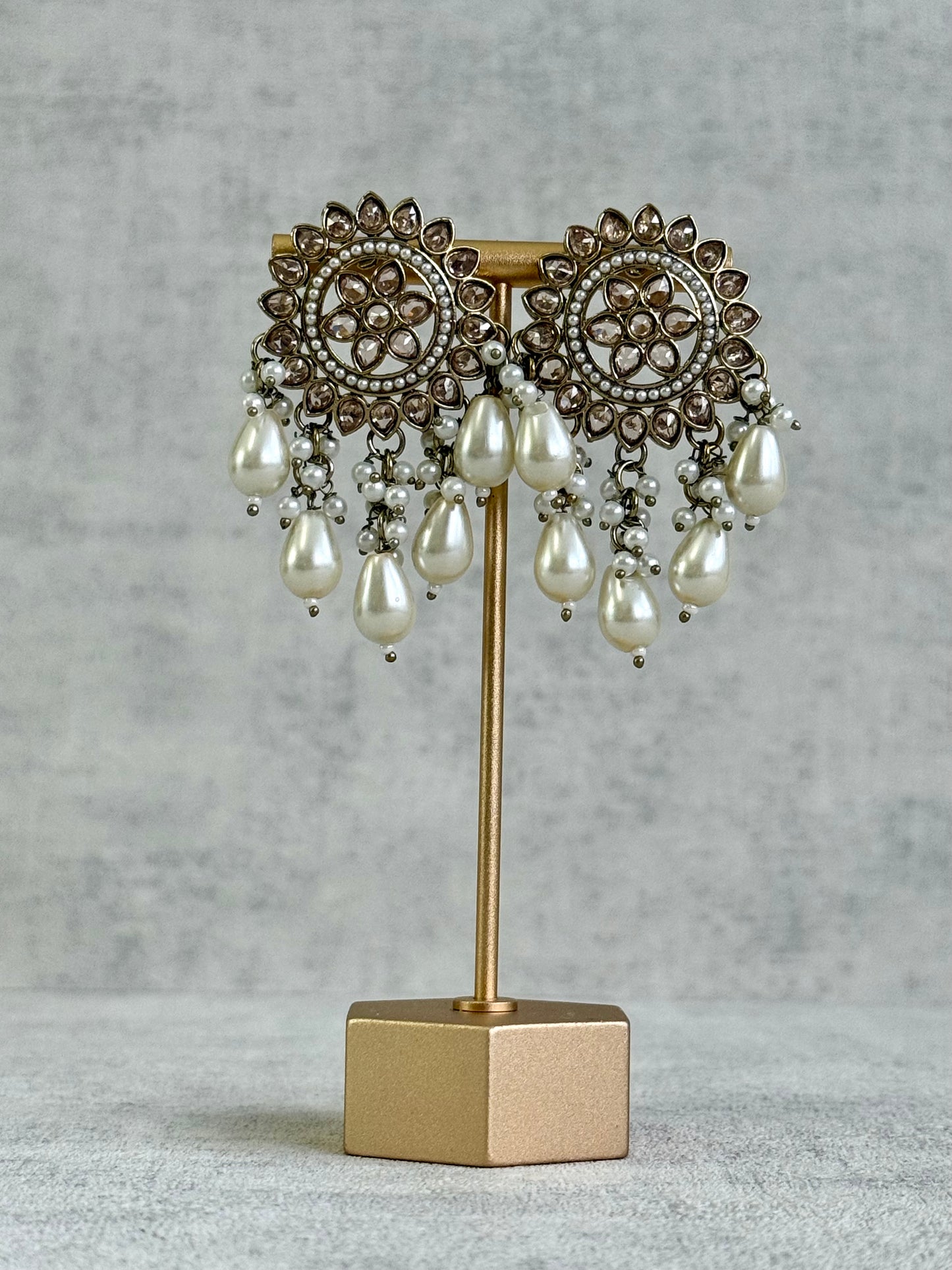 Ayura Designs Aynoor Lotus Ring Earrings – Antique Gold Finish with Mirror-Cut Stones & Pearl Drops