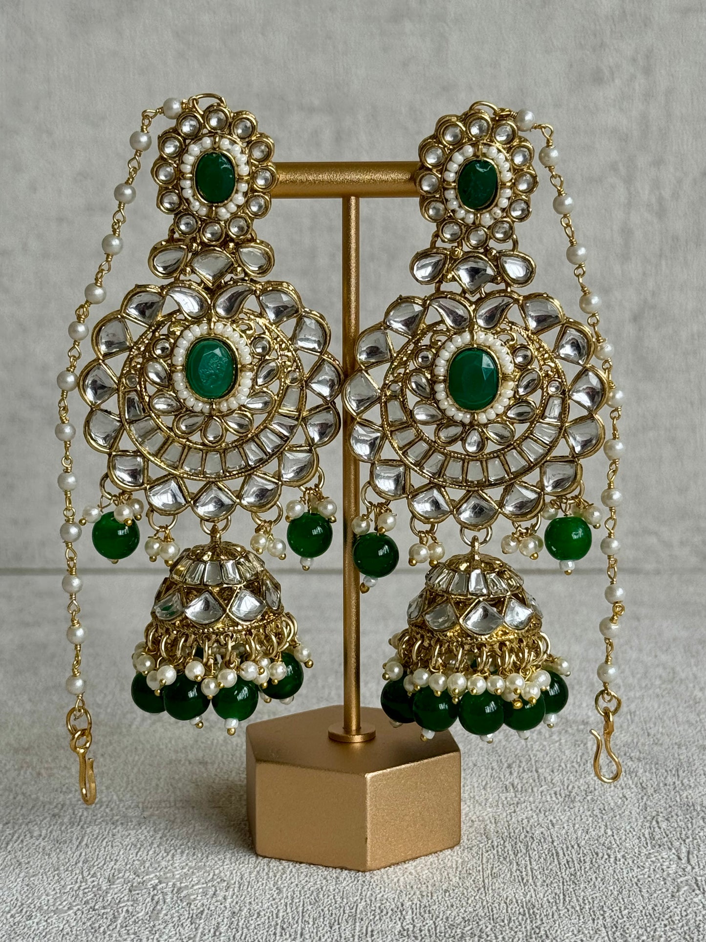 Ayura Designs Meherbano Bridal Set with Necklace, Jhumkis, Tikka, Nath, Ring & Sheeshphool – Jadau Kundan Craftsmanship with Mirror-Cut Polki, Emerald Green Stones & Antique Gold Finish