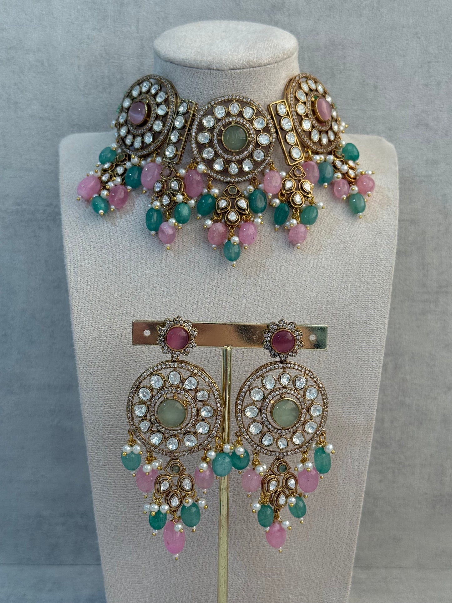 Ayura Designs Harper Set – Antique Gold Choker & Earrings with Mint Green & Blush Pink Beads, Kundan Stones & Pearl Detailing