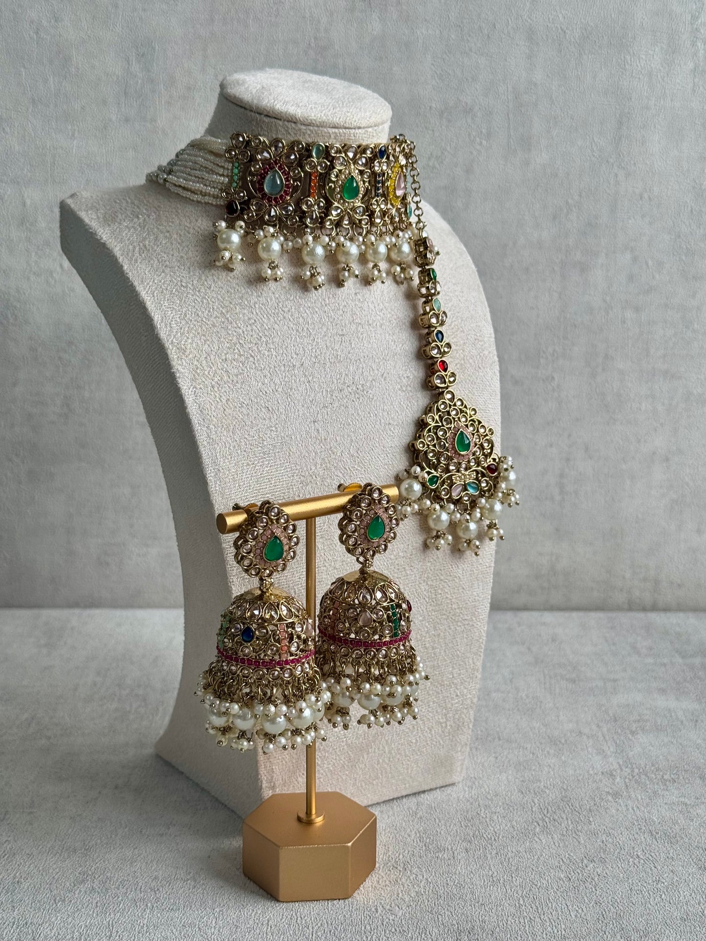 Ayura Designs Rangrez Choker Set with Tikka & Jhumkis – Kundan & Pearl in Multicolor Antique Gold