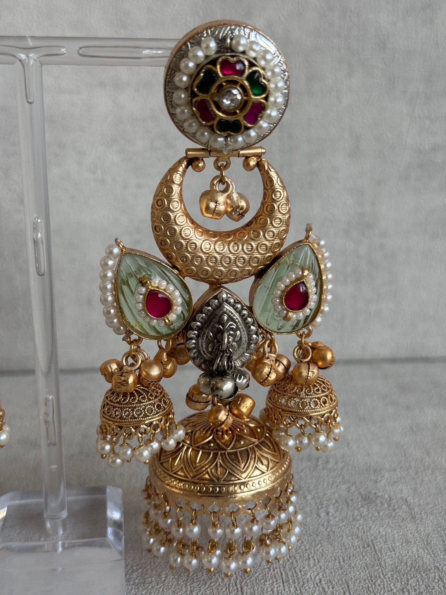 Ayura Designs Wajiha Earrings – Antique Gold Chandbalis with Meenakari Studs, Crescent Drops, Mint Enamel Petals & Layered Pearl Jhumkas