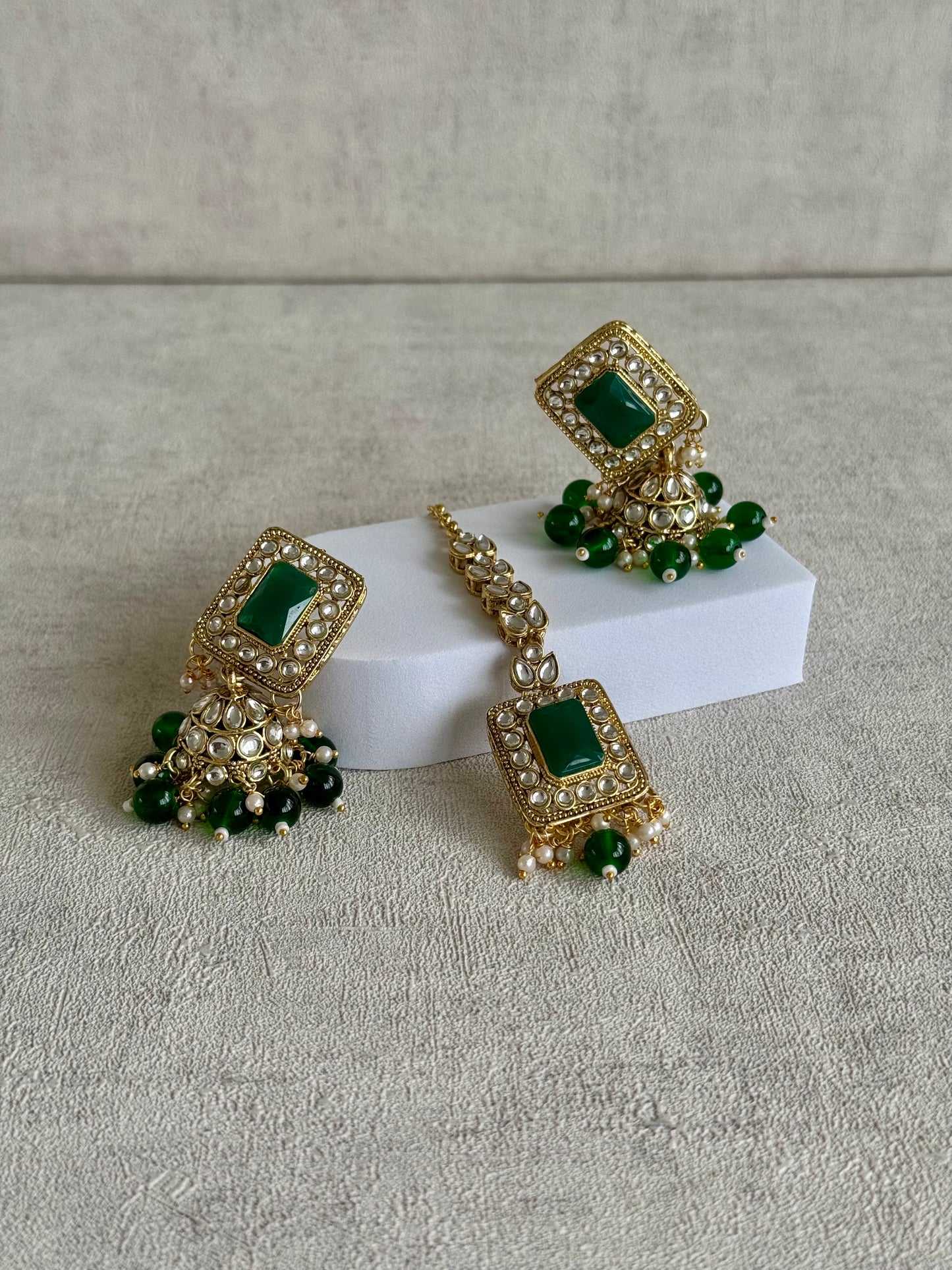 Ayura Designs Maya Set with Jhumkis & Tikka – Emerald Green Stones & Kundan Detailing