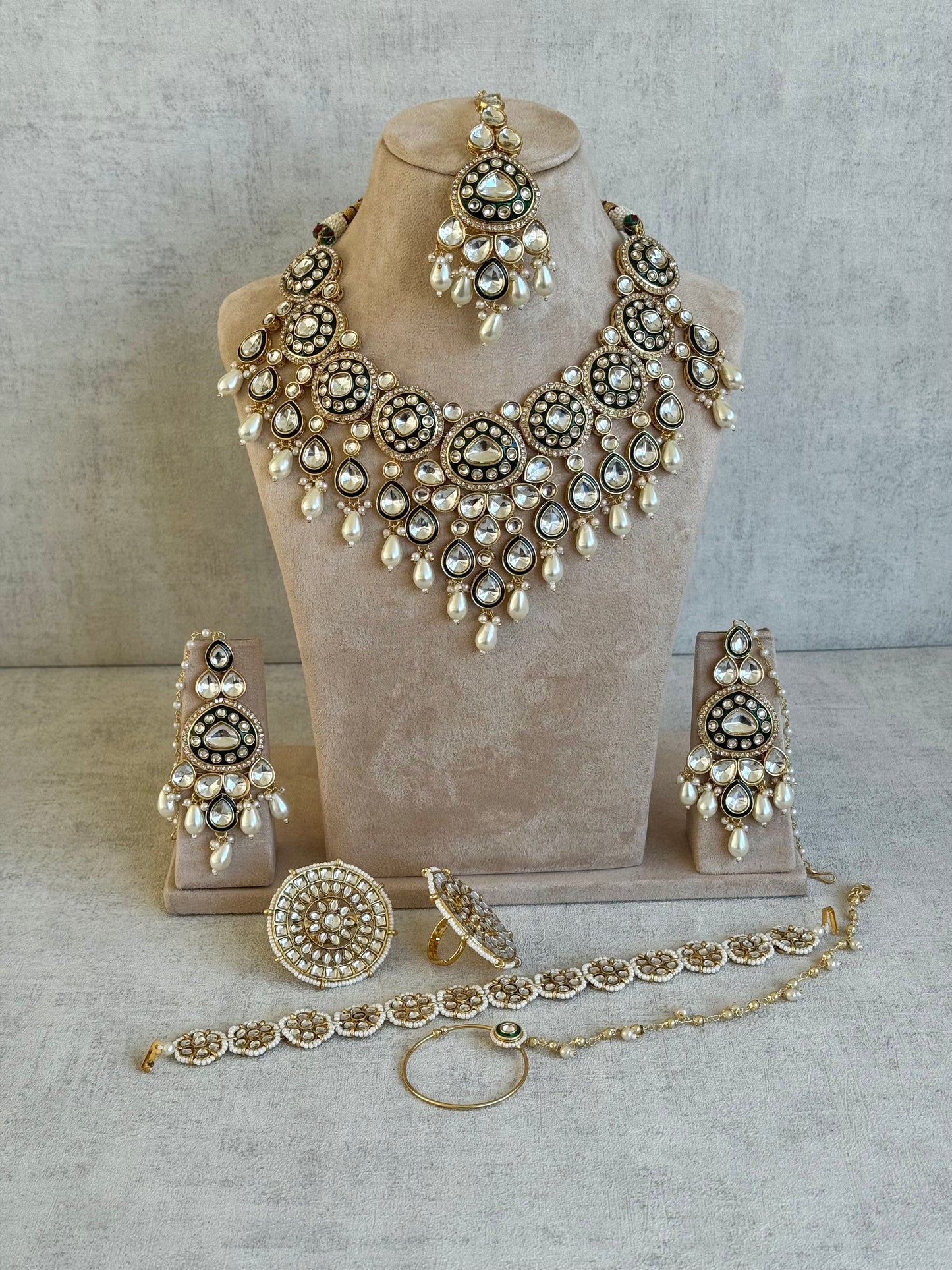 Ayura Designs Sultana Bridal Set with Necklace, Jhumkis, Tikka, Nath, Ring & Sheeshphool – Jadau Kundan Craftsmanship with Mirror-Cut Polki Stones, Ivory Pearls & Antique Gold Finish