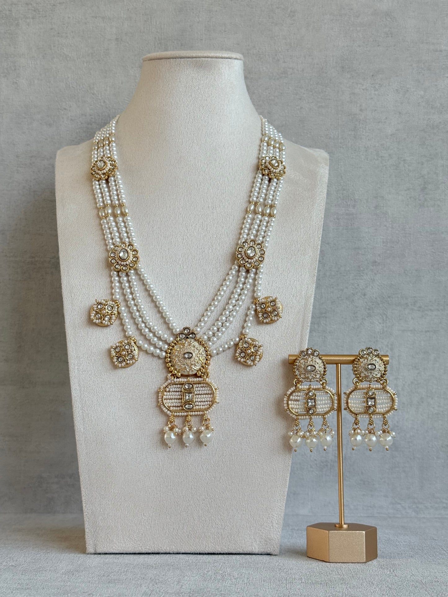 Ayura Designs Krisa Necklace Set with Earrings – Long Kundan Necklace with Pearl Strands & Gold Detailing