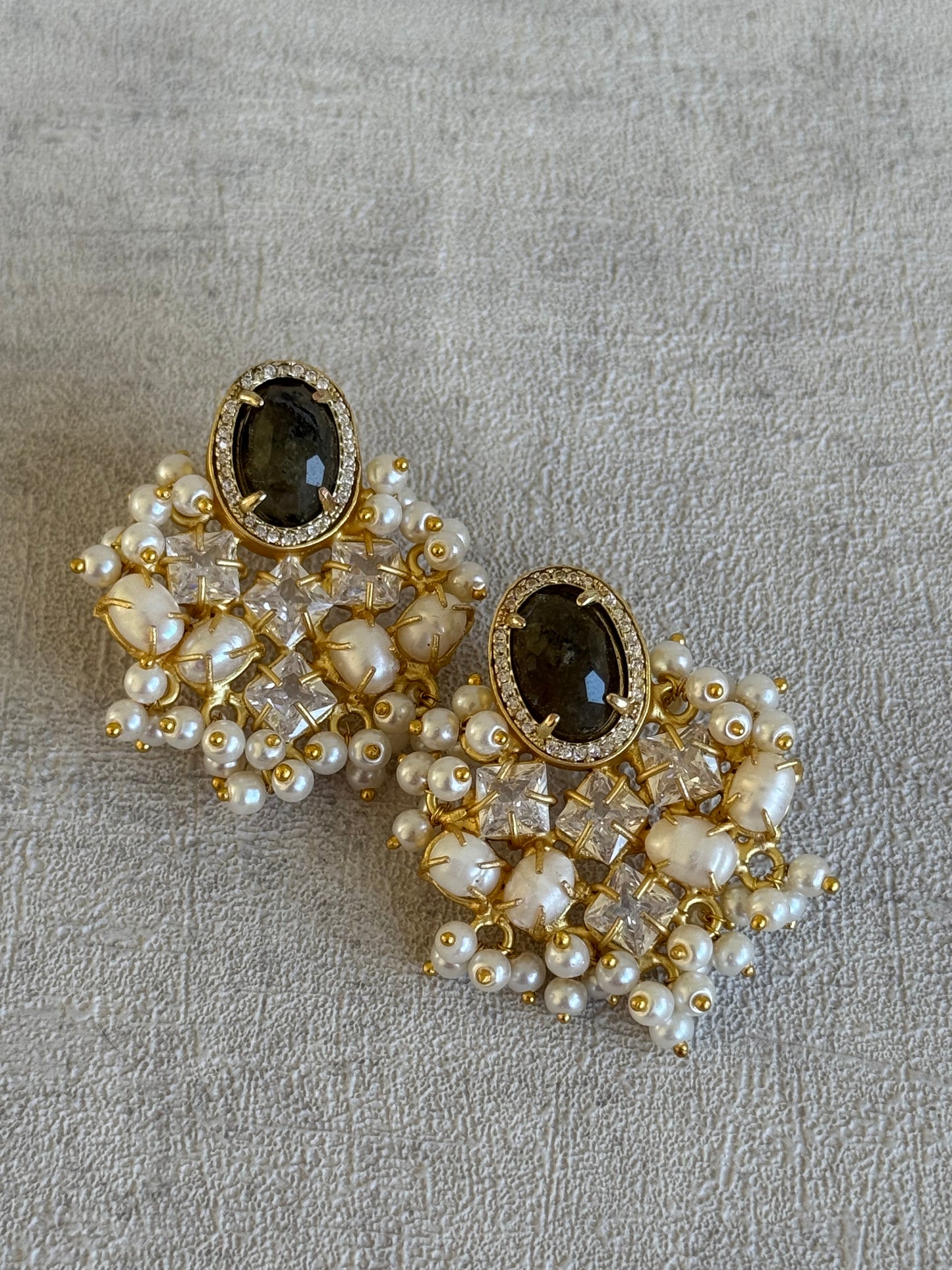 Ayura Designs Celeste Earrings – Dark Quartz, Baroque Pearls & Crystals