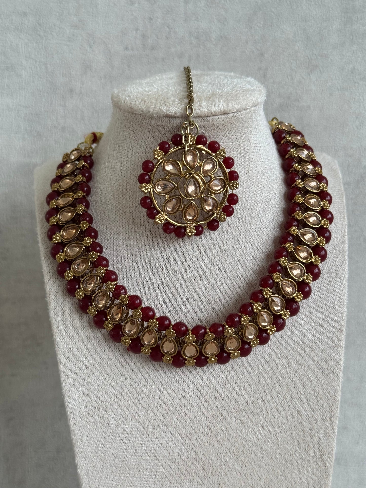 Ayura Designs Hala Set with Tikka & Studs – Maroon Beads & Champagne Kundan