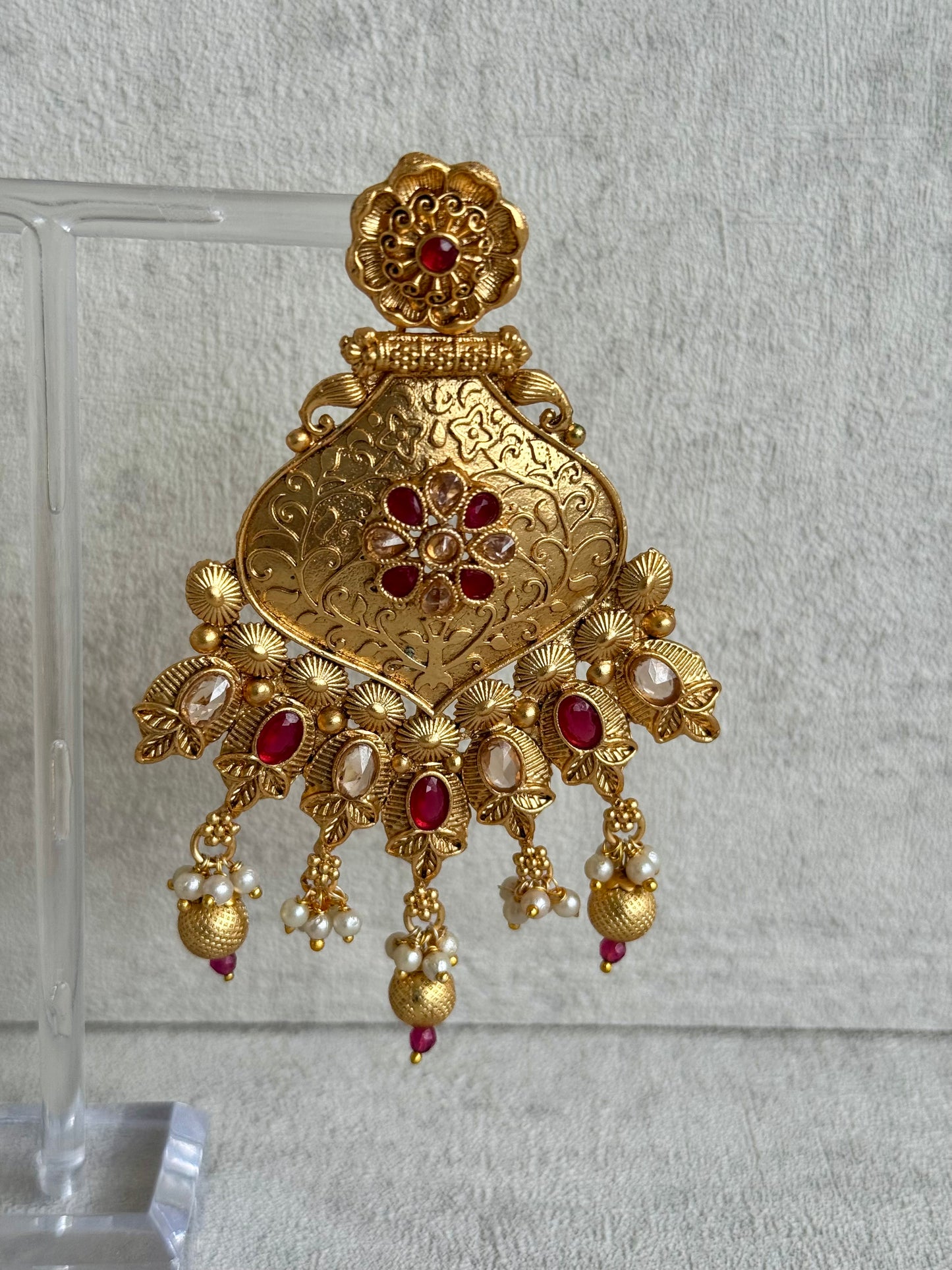 Ayura Designs Neha Earrings – Antique Gold with Ruby Red Stones & Pearl Detailing