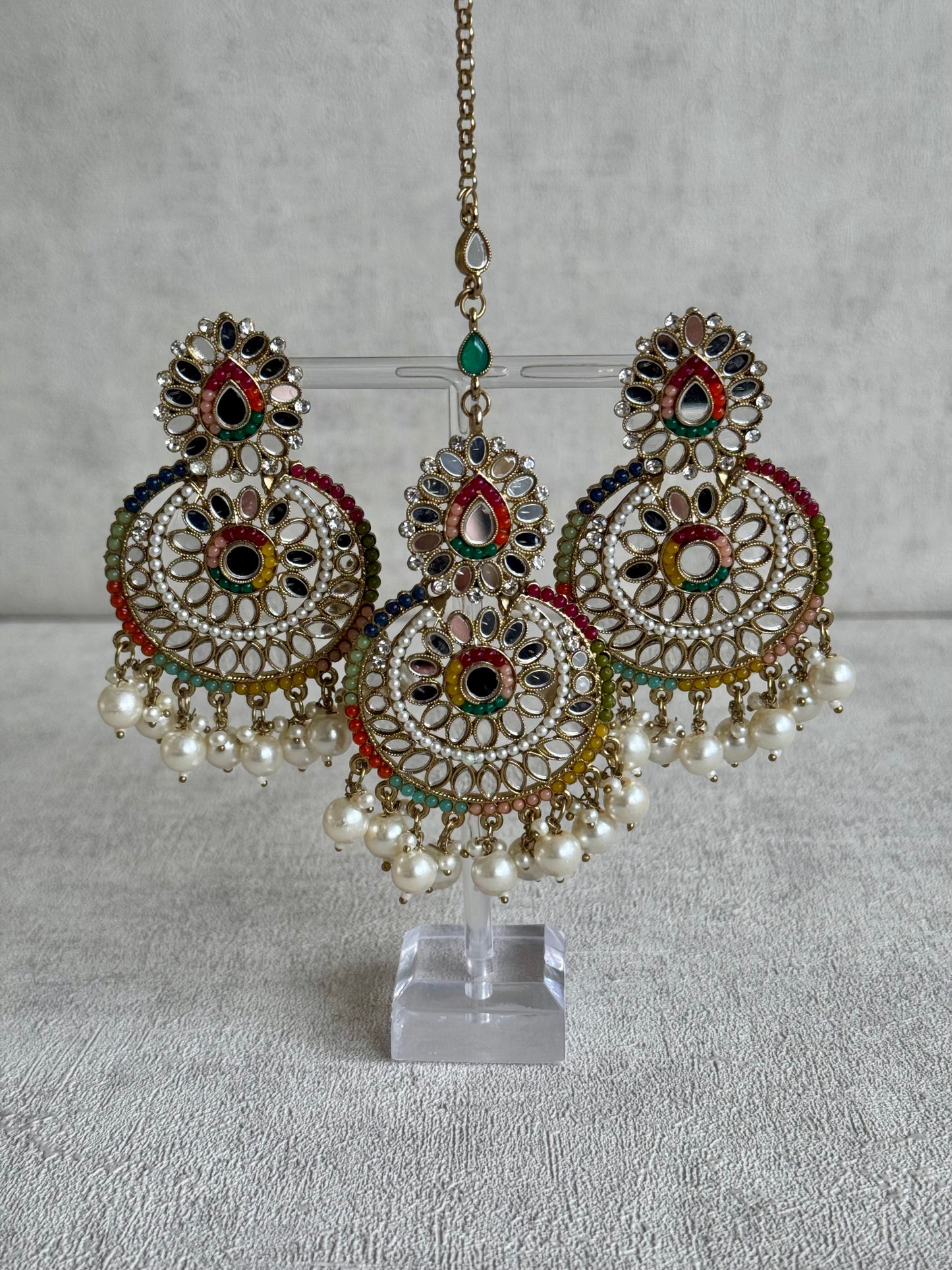 Ayura Designs Dilkash Tikka Set with Earrings – Multicolour Meenakari, Kundan, Mirror Work & Pearls