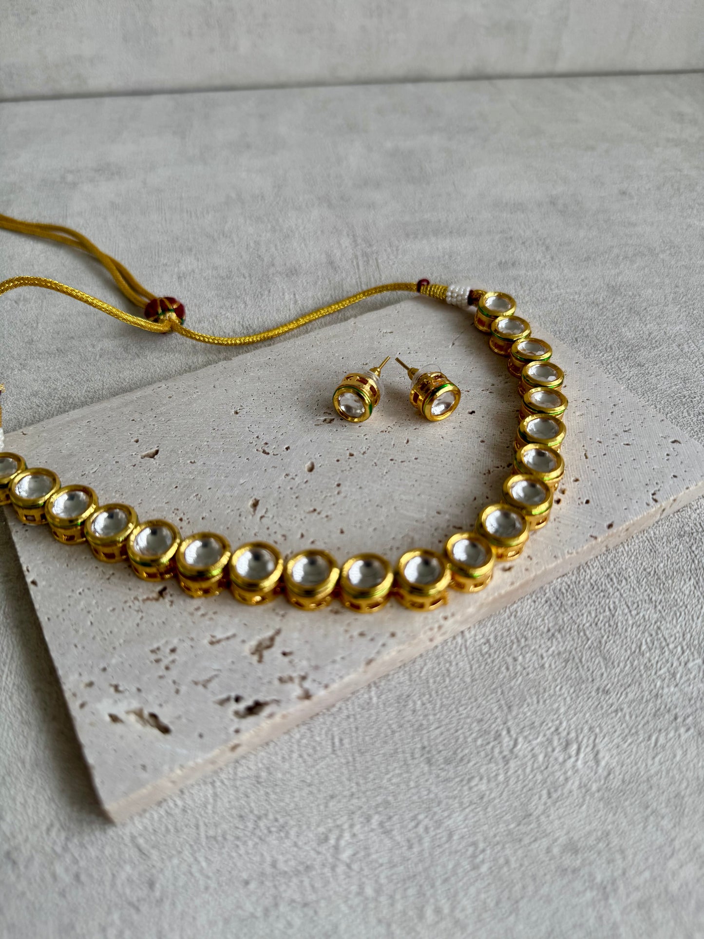 Ayura Designs Saanvi Set – Classic Gold Polished Kundan Necklace with Circular Clear Stones & Matching Stud Earrings