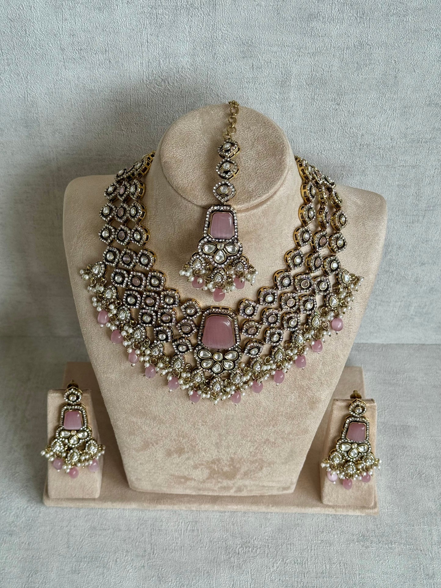 Ayura Designs Gulrukh Bridal Set with Necklace, Jhumkis & Tikka – Jadau Kundan Craftsmanship with Mirror-Cut Polki, Blush Rose Stones & Antique Gold Finish
