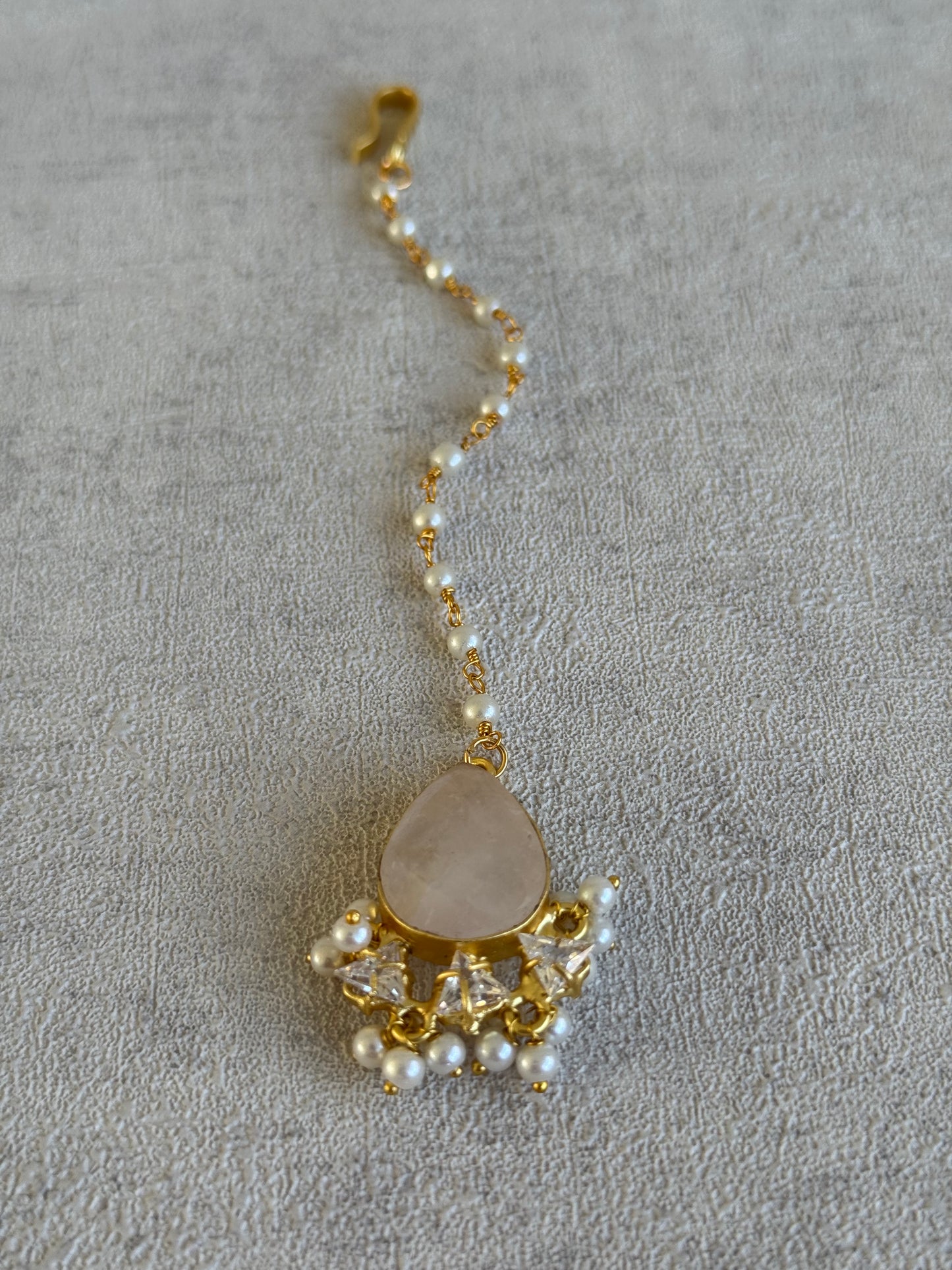 Ayura Designs Rosa Set with Tikka & Earrings – Rose Quartz, Crystals & Pearls